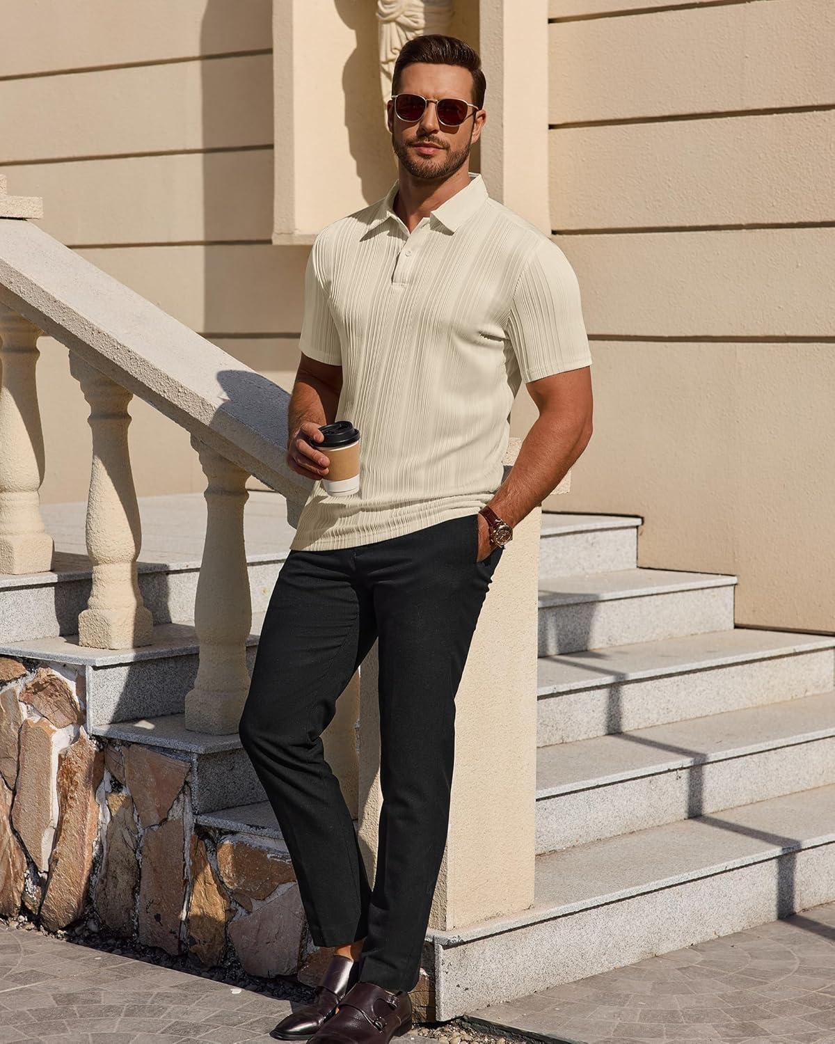 imageAlimens amp Gentle Mens Polo Shirts Short Sleeve Knit Stretchy Casual Lightweight Summer Vacation Party Golf ShirtsCream