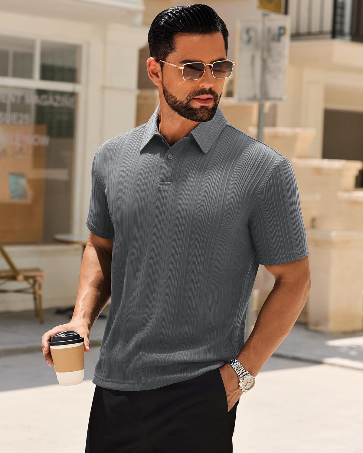 imageAlimens amp Gentle Mens Polo Shirts Short Sleeve Knit Stretchy Casual Lightweight Summer Vacation Party Golf ShirtsGrey