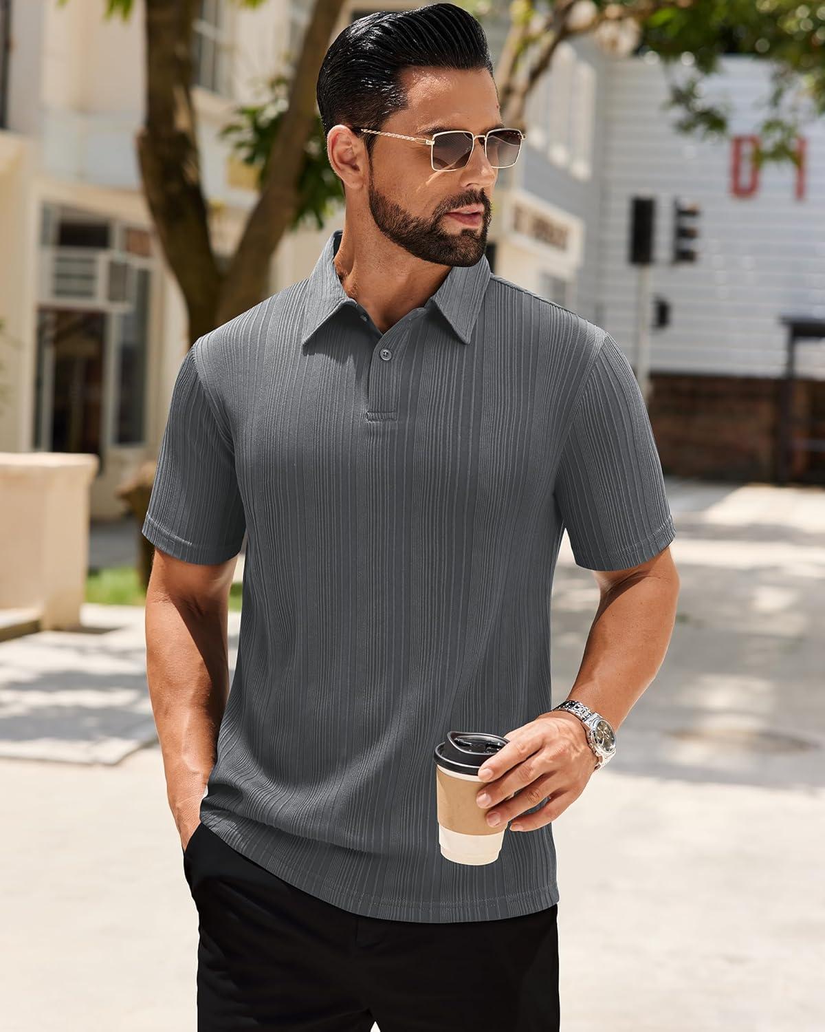 imageAlimens amp Gentle Mens Polo Shirts Short Sleeve Knit Stretchy Casual Lightweight Summer Vacation Party Golf ShirtsGrey