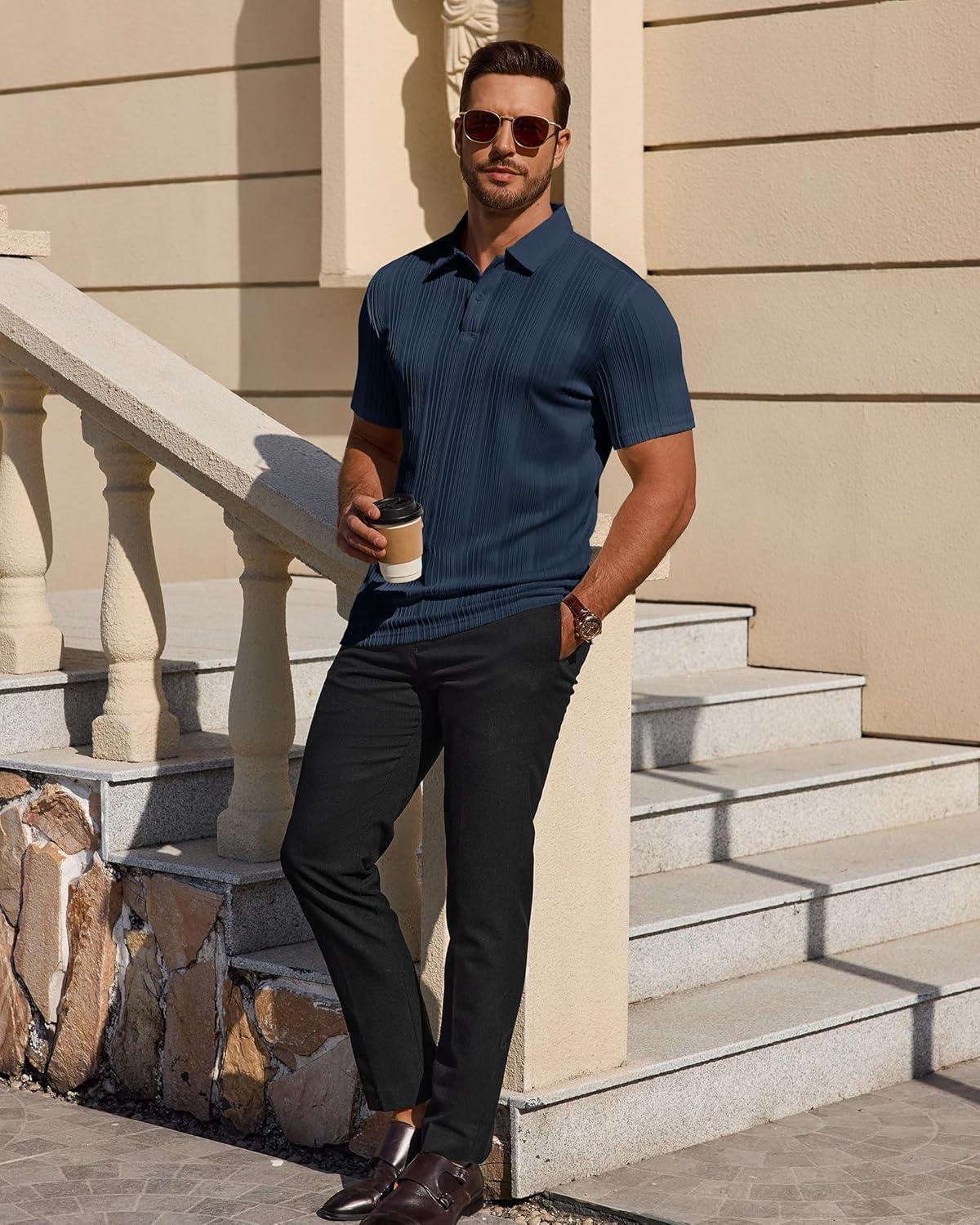 imageAlimens amp Gentle Mens Polo Shirts Short Sleeve Knit Stretchy Casual Lightweight Summer Vacation Party Golf ShirtsNavy Blue