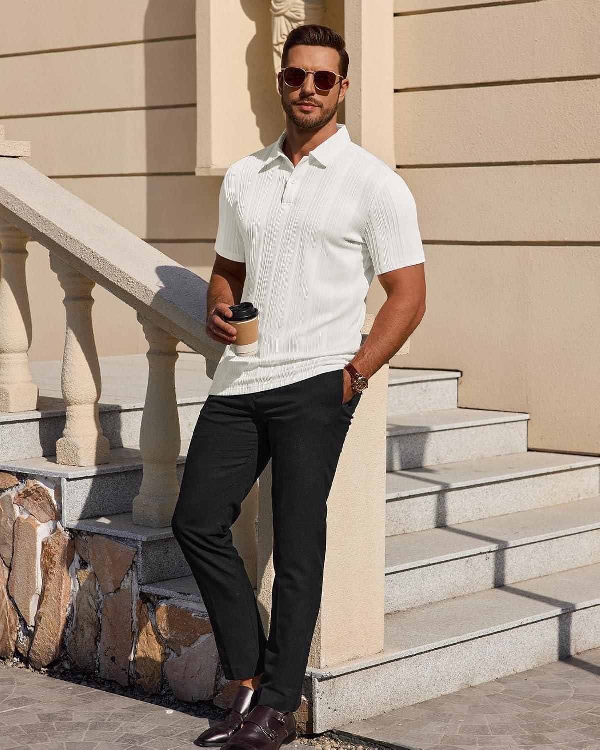 imageAlimens amp Gentle Mens Polo Shirts Short Sleeve Knit Stretchy Casual Lightweight Summer Vacation Party Golf ShirtsWhite