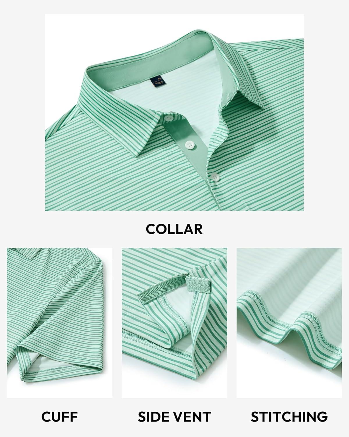 imageAlimens amp Gentle Mens Polo Shirts Short Sleeve Printed Golf Shirt Moisture Wicking Dry Fit Collared Business Casual TennisGreen White Stripe
