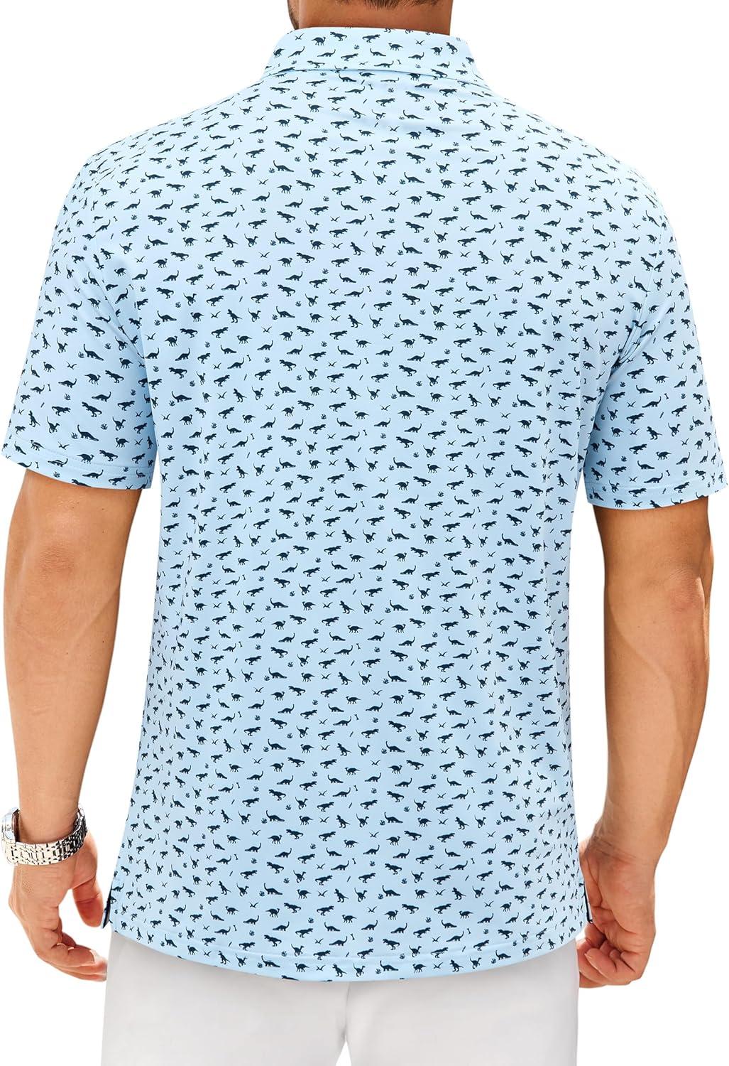 imageAlimens amp Gentle Mens Polo Shirts Short Sleeve Printed Golf Shirt Moisture Wicking Dry Fit Collared Business Casual TennisLight Blue Dinosaur