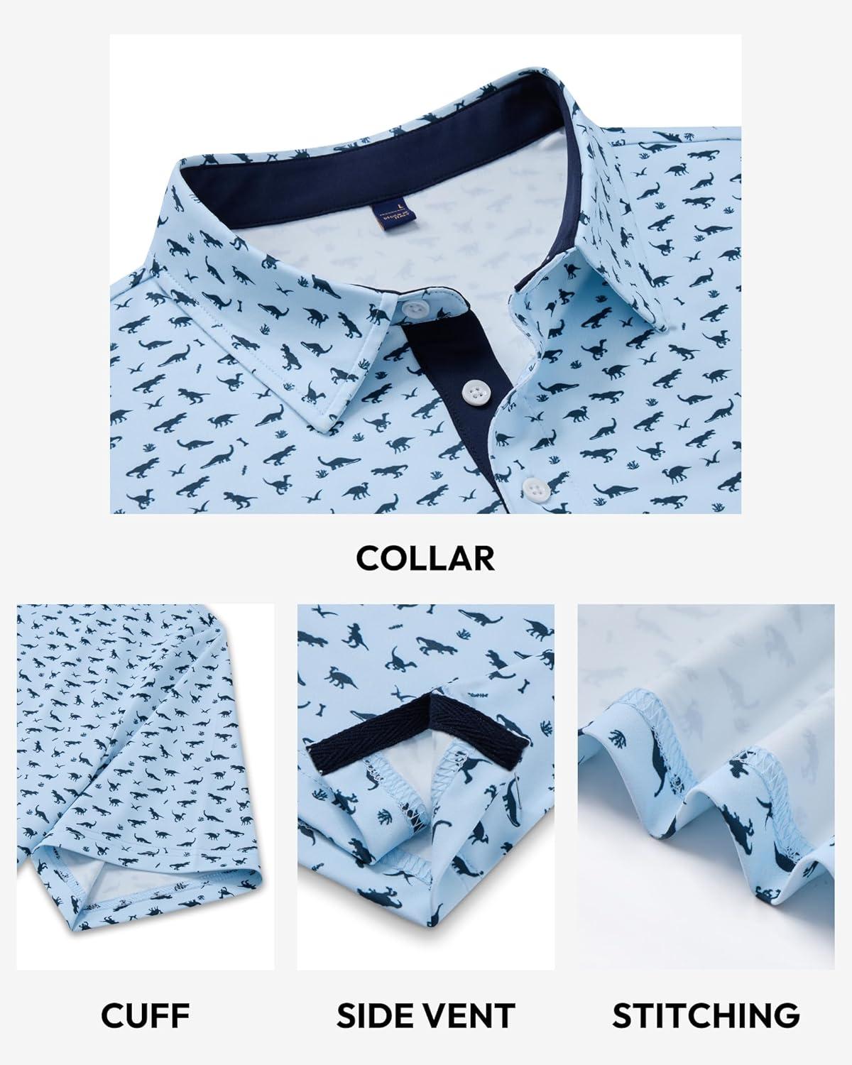 imageAlimens amp Gentle Mens Polo Shirts Short Sleeve Printed Golf Shirt Moisture Wicking Dry Fit Collared Business Casual TennisLight Blue Dinosaur