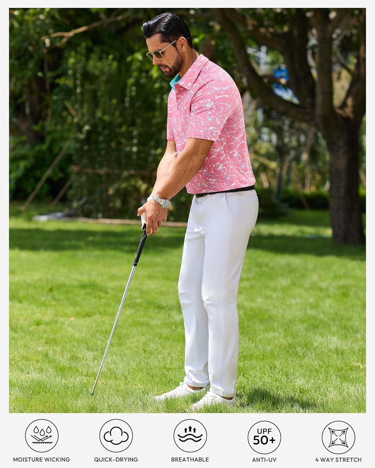 imageAlimens amp Gentle Mens Polo Shirts Short Sleeve Printed Golf Shirt Moisture Wicking Dry Fit Collared Business Casual TennisPink Color