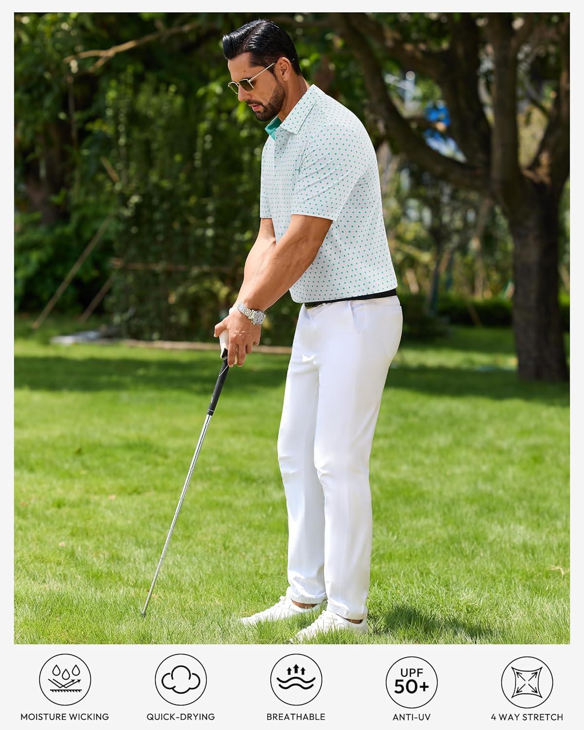 imageAlimens amp Gentle Mens Polo Shirts Short Sleeve Printed Golf Shirt Moisture Wicking Dry Fit Collared Business Casual TennisWhite Teal Dots