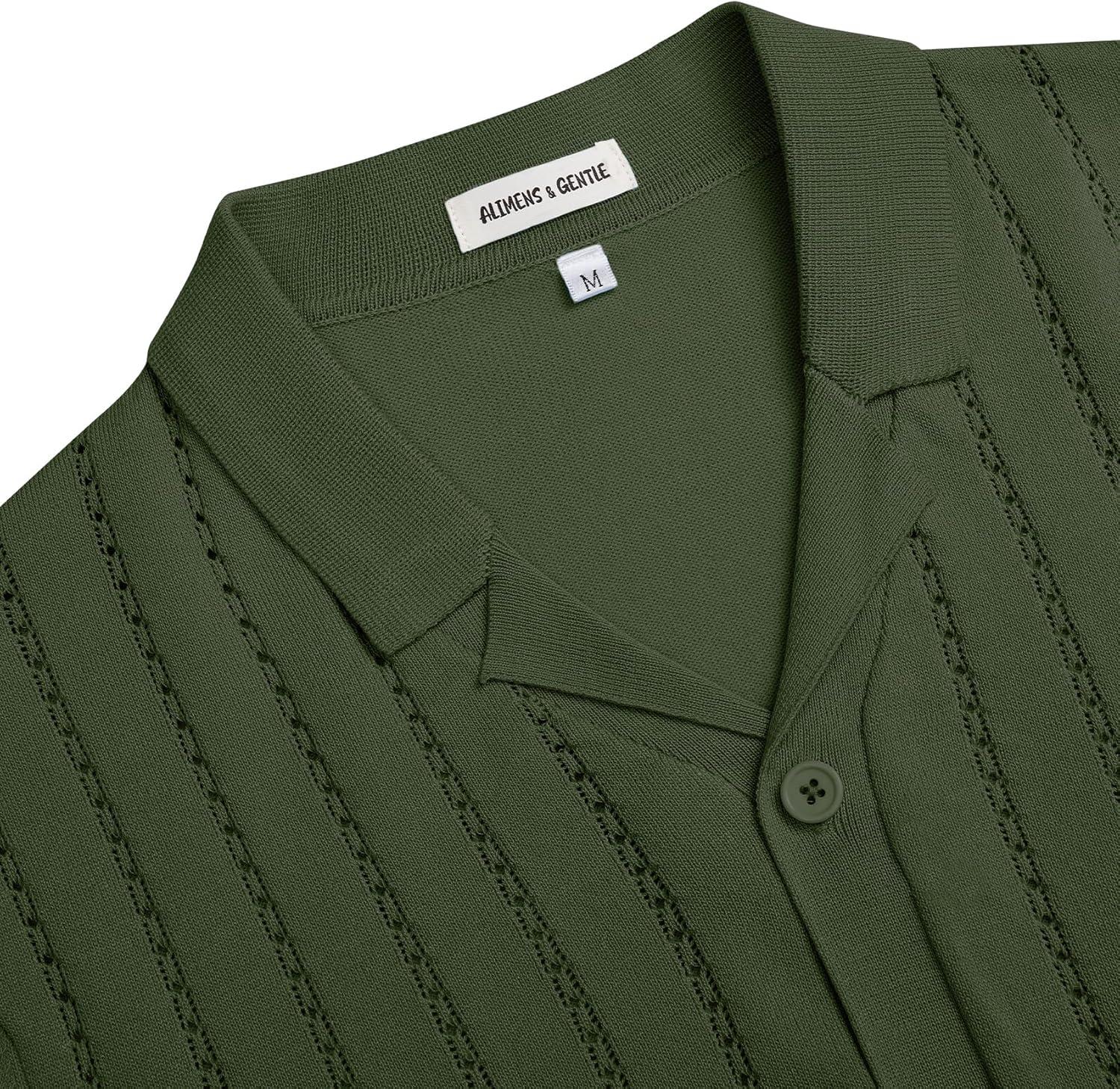 imageAlimens amp Gentle Mens Short Sleeve Button Down Shirts Knit Casual Shirts for Men Vintage Cuban Shirt Striped KnittedArmy Green