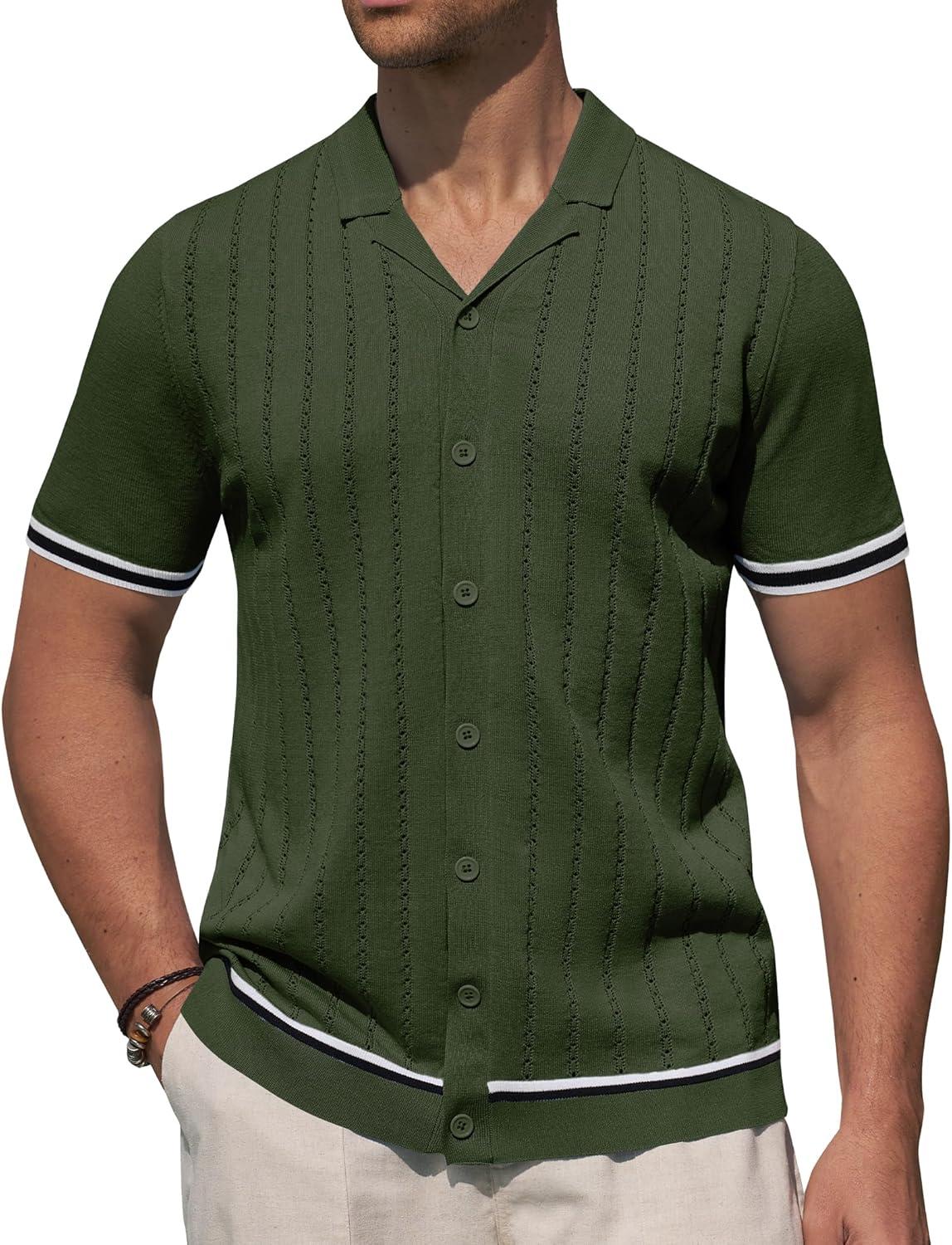imageAlimens amp Gentle Mens Short Sleeve Button Down Shirts Knit Casual Shirts for Men Vintage Cuban Shirt Striped KnittedArmy Green