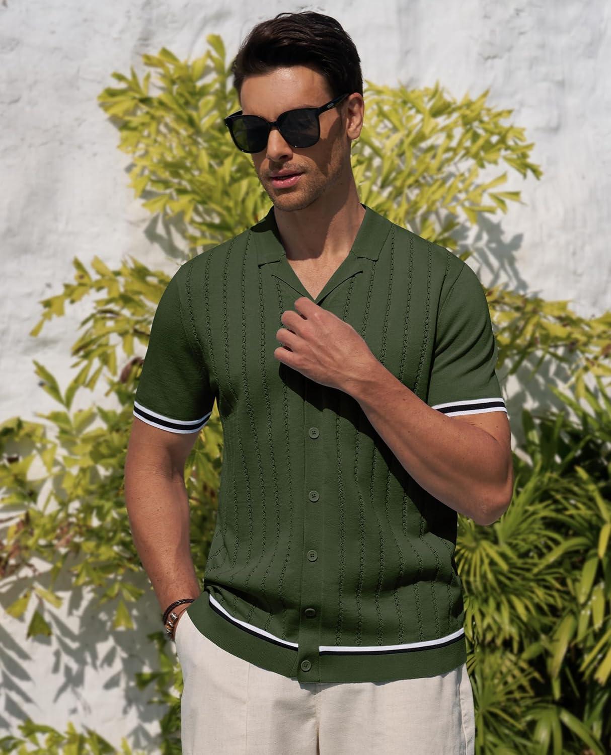 imageAlimens amp Gentle Mens Short Sleeve Button Down Shirts Knit Casual Shirts for Men Vintage Cuban Shirt Striped KnittedArmy Green