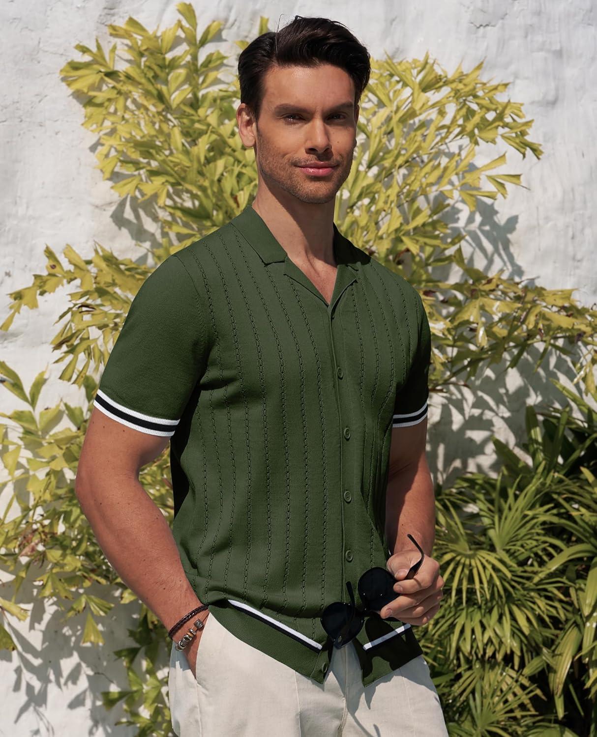 imageAlimens amp Gentle Mens Short Sleeve Button Down Shirts Knit Casual Shirts for Men Vintage Cuban Shirt Striped KnittedArmy Green