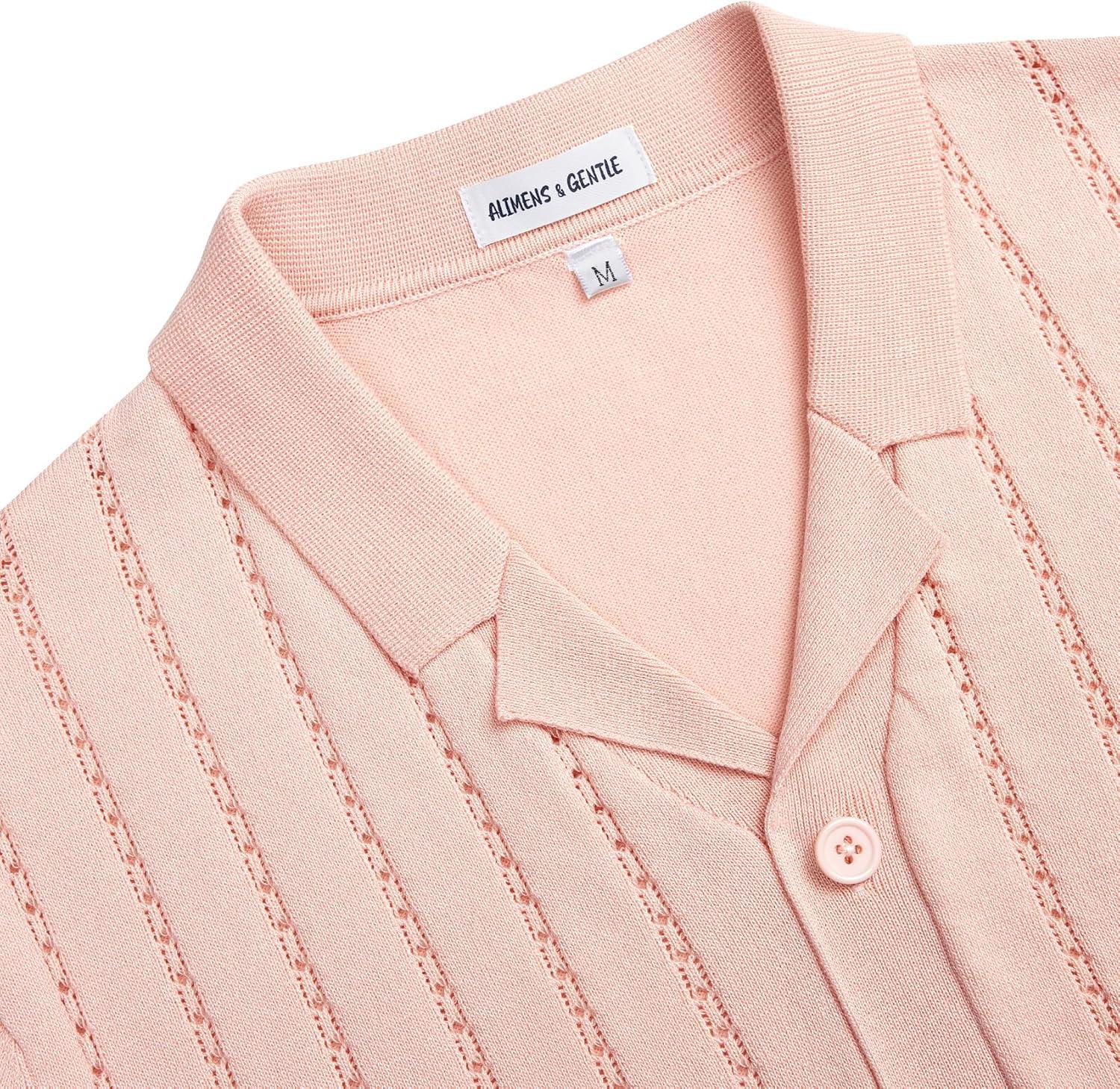 imageAlimens amp Gentle Mens Short Sleeve Button Down Shirts Knit Casual Shirts for Men Vintage Cuban Shirt Striped KnittedBeige