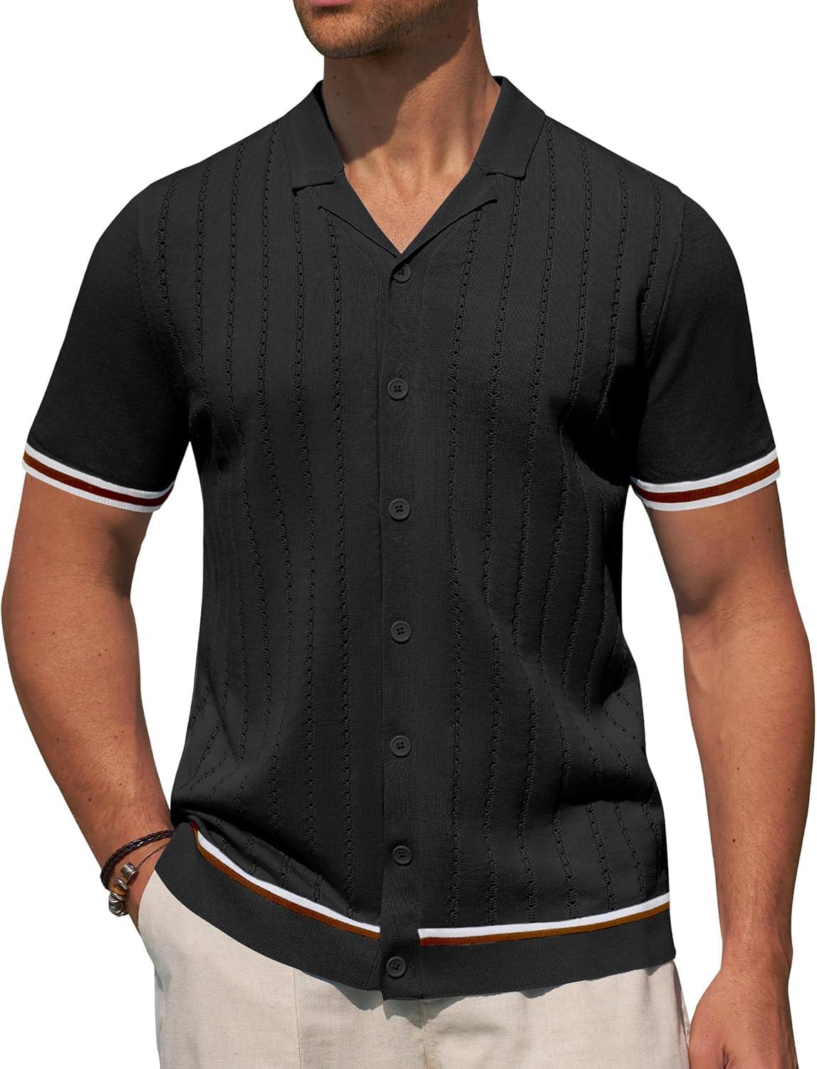 imageAlimens amp Gentle Mens Short Sleeve Button Down Shirts Knit Casual Shirts for Men Vintage Cuban Shirt Striped KnittedBlack