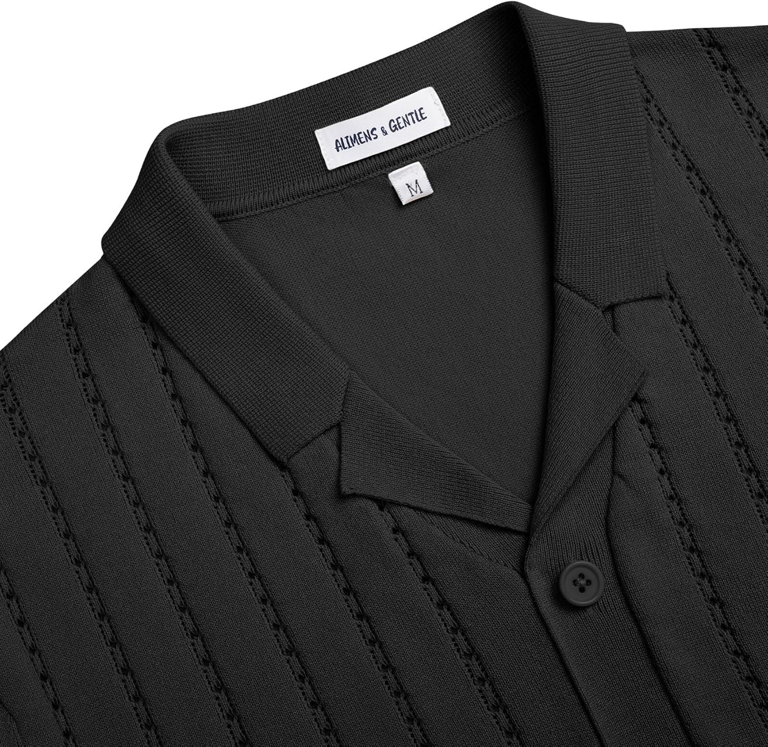 imageAlimens amp Gentle Mens Short Sleeve Button Down Shirts Knit Casual Shirts for Men Vintage Cuban Shirt Striped KnittedBlack
