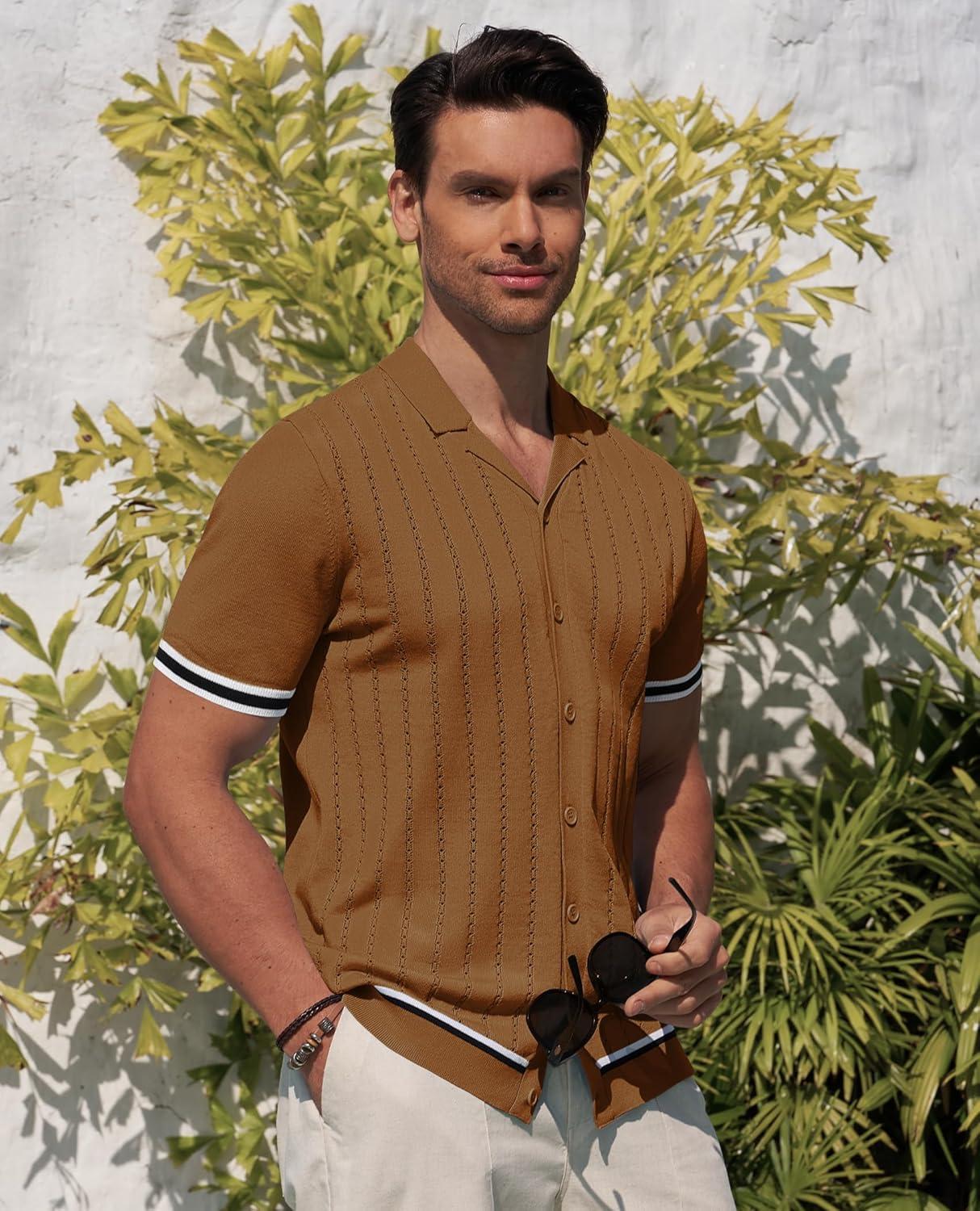 imageAlimens amp Gentle Mens Short Sleeve Button Down Shirts Knit Casual Shirts for Men Vintage Cuban Shirt Striped KnittedBrown