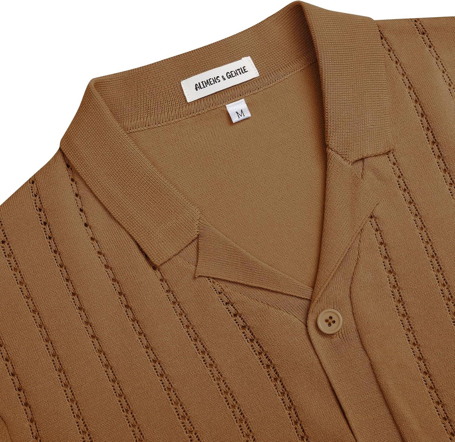 imageAlimens amp Gentle Mens Short Sleeve Button Down Shirts Knit Casual Shirts for Men Vintage Cuban Shirt Striped KnittedBrown
