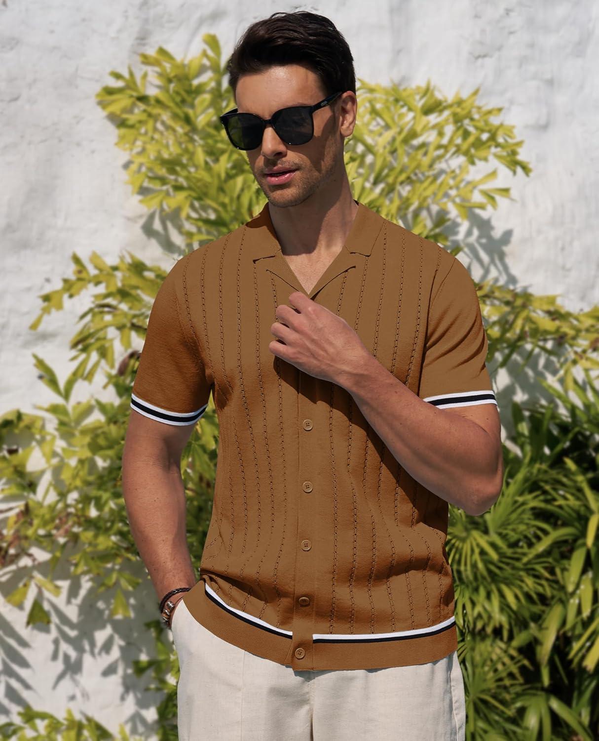 imageAlimens amp Gentle Mens Short Sleeve Button Down Shirts Knit Casual Shirts for Men Vintage Cuban Shirt Striped KnittedBrown