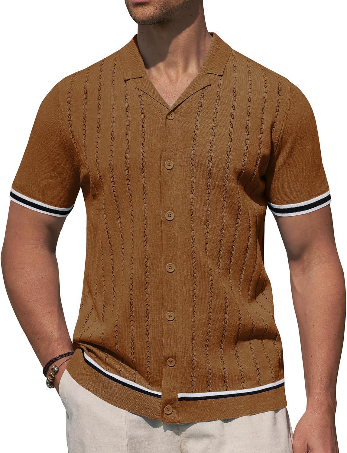 imageAlimens amp Gentle Mens Short Sleeve Button Down Shirts Knit Casual Shirts for Men Vintage Cuban Shirt Striped KnittedBrown