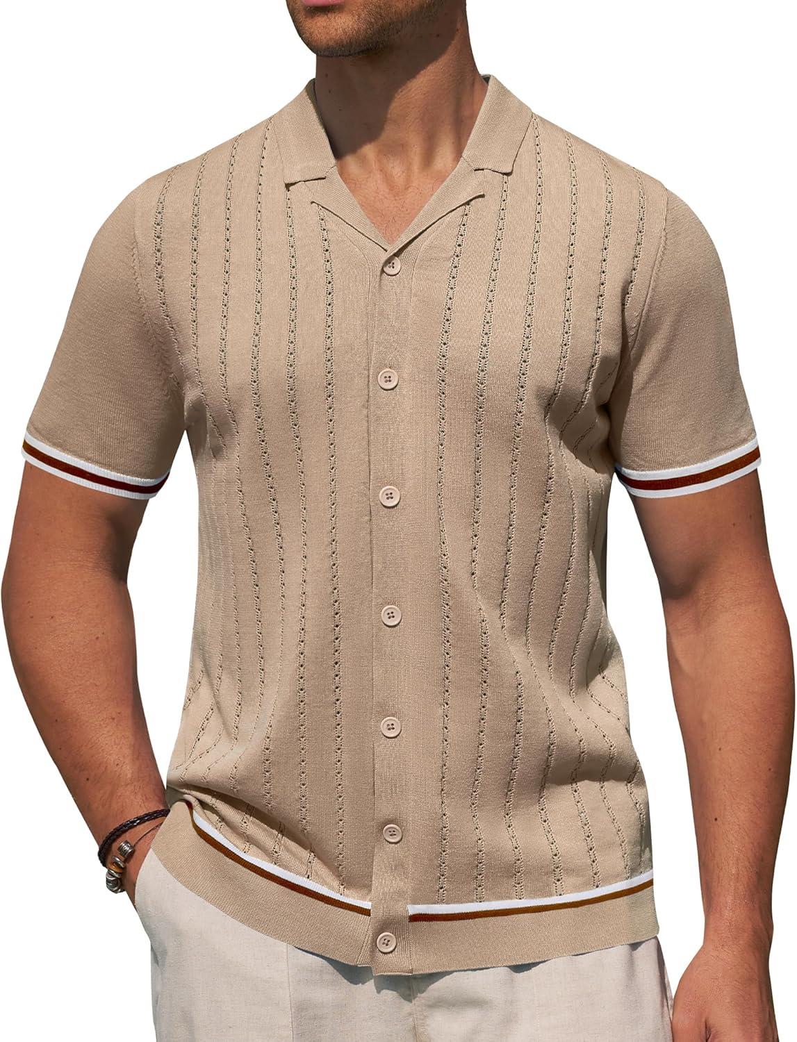 imageAlimens amp Gentle Mens Short Sleeve Button Down Shirts Knit Casual Shirts for Men Vintage Cuban Shirt Striped KnittedDark Beige