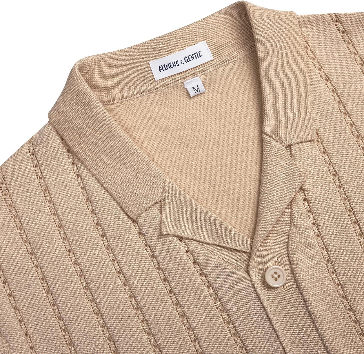 imageAlimens amp Gentle Mens Short Sleeve Button Down Shirts Knit Casual Shirts for Men Vintage Cuban Shirt Striped KnittedDark Beige