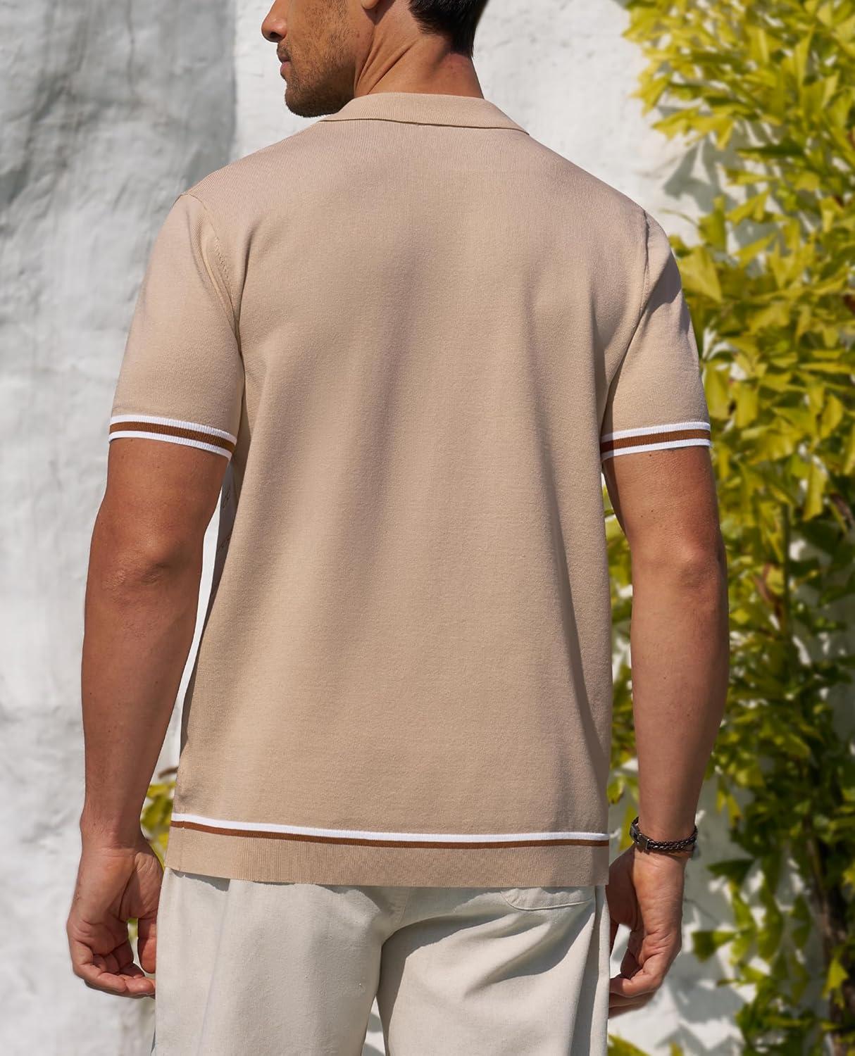 imageAlimens amp Gentle Mens Short Sleeve Button Down Shirts Knit Casual Shirts for Men Vintage Cuban Shirt Striped KnittedDark Beige