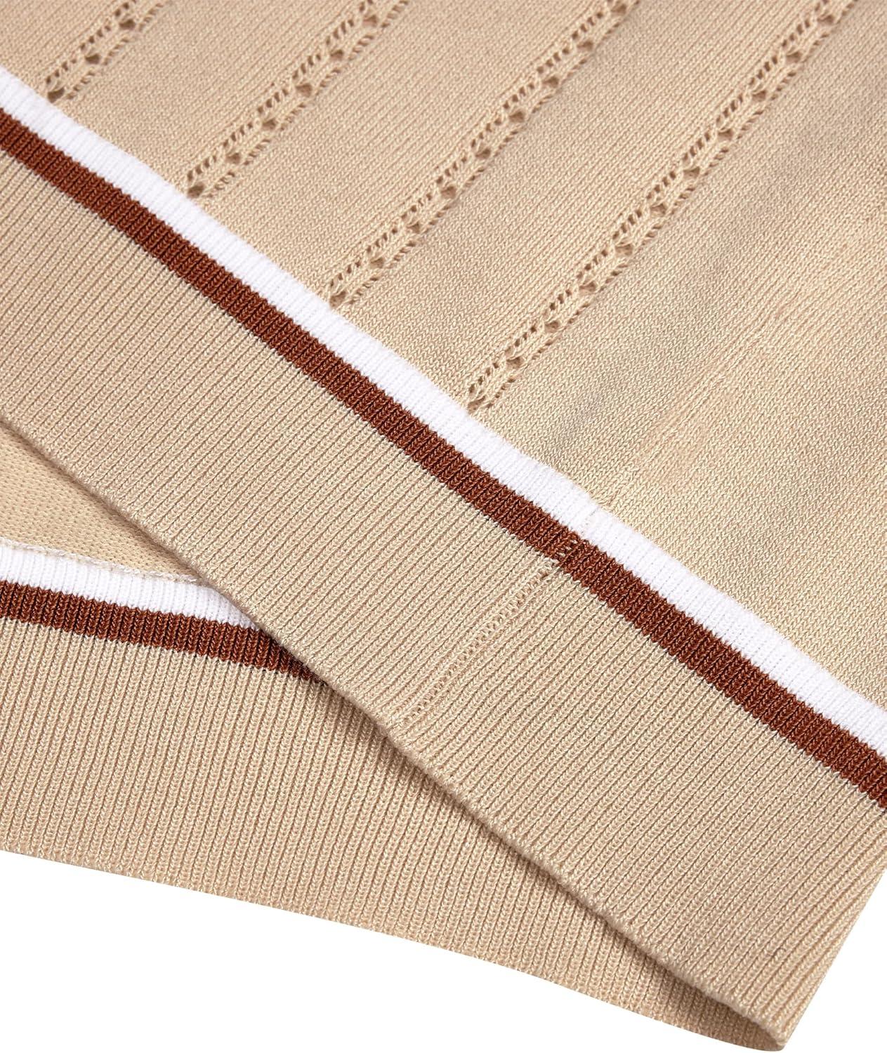 imageAlimens amp Gentle Mens Short Sleeve Button Down Shirts Knit Casual Shirts for Men Vintage Cuban Shirt Striped KnittedDark Beige