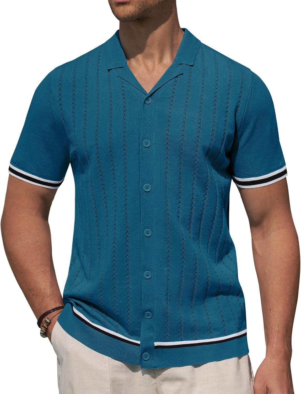 imageAlimens amp Gentle Mens Short Sleeve Button Down Shirts Knit Casual Shirts for Men Vintage Cuban Shirt Striped KnittedDark Blue