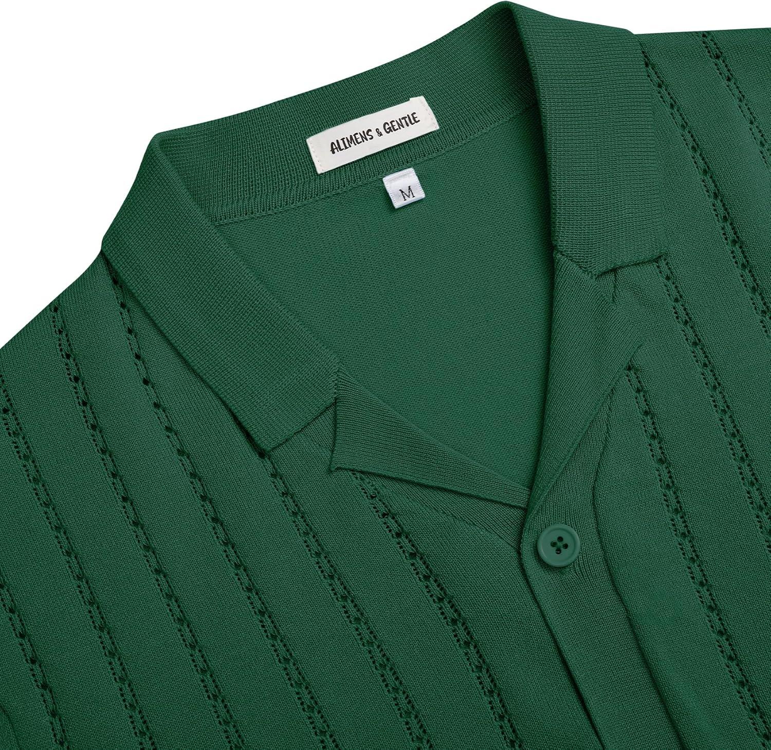 imageAlimens amp Gentle Mens Short Sleeve Button Down Shirts Knit Casual Shirts for Men Vintage Cuban Shirt Striped KnittedDark Green