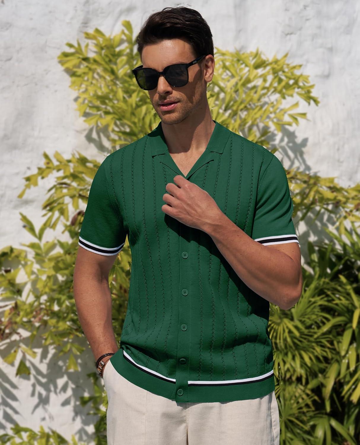 imageAlimens amp Gentle Mens Short Sleeve Button Down Shirts Knit Casual Shirts for Men Vintage Cuban Shirt Striped KnittedDark Green