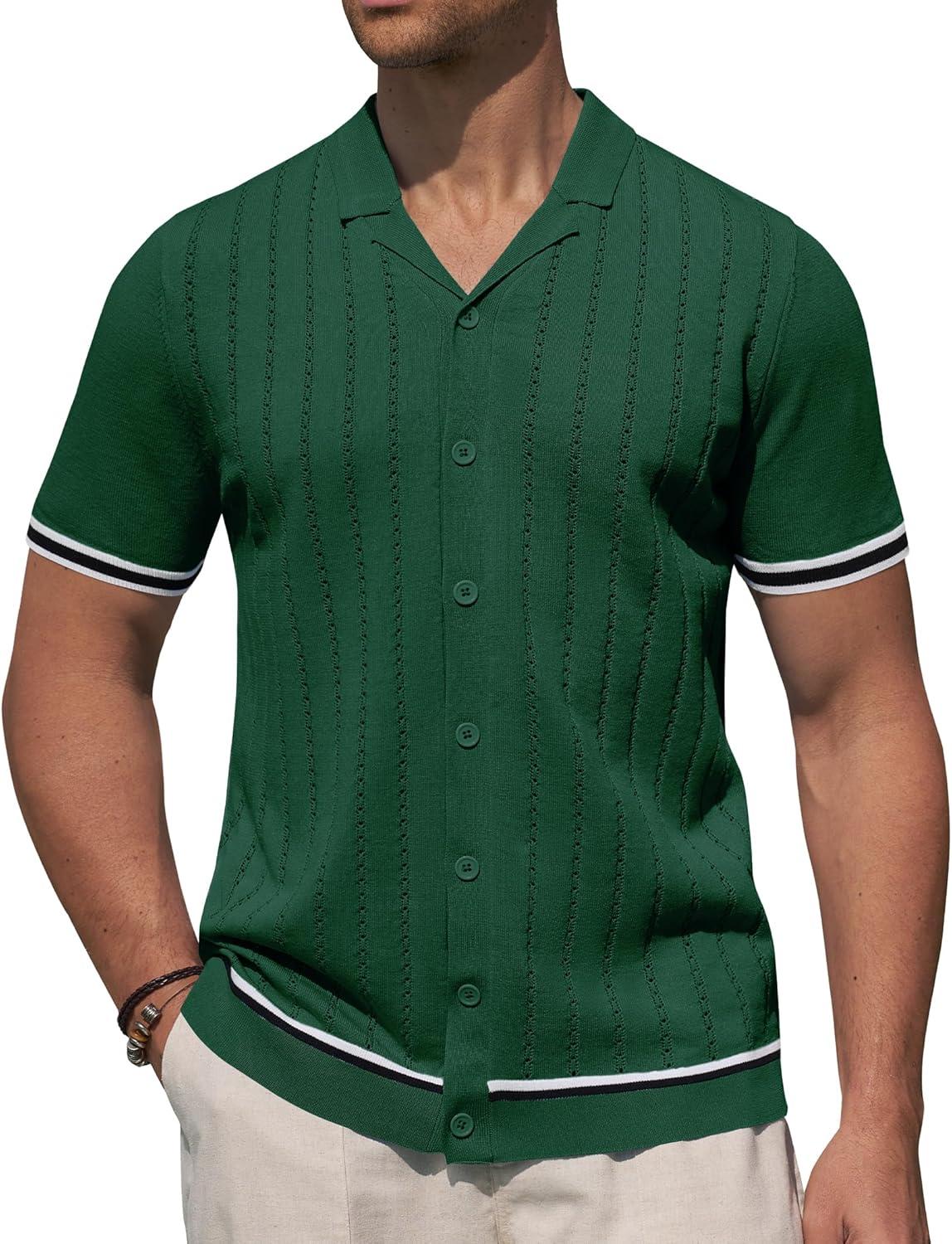 imageAlimens amp Gentle Mens Short Sleeve Button Down Shirts Knit Casual Shirts for Men Vintage Cuban Shirt Striped KnittedDark Green
