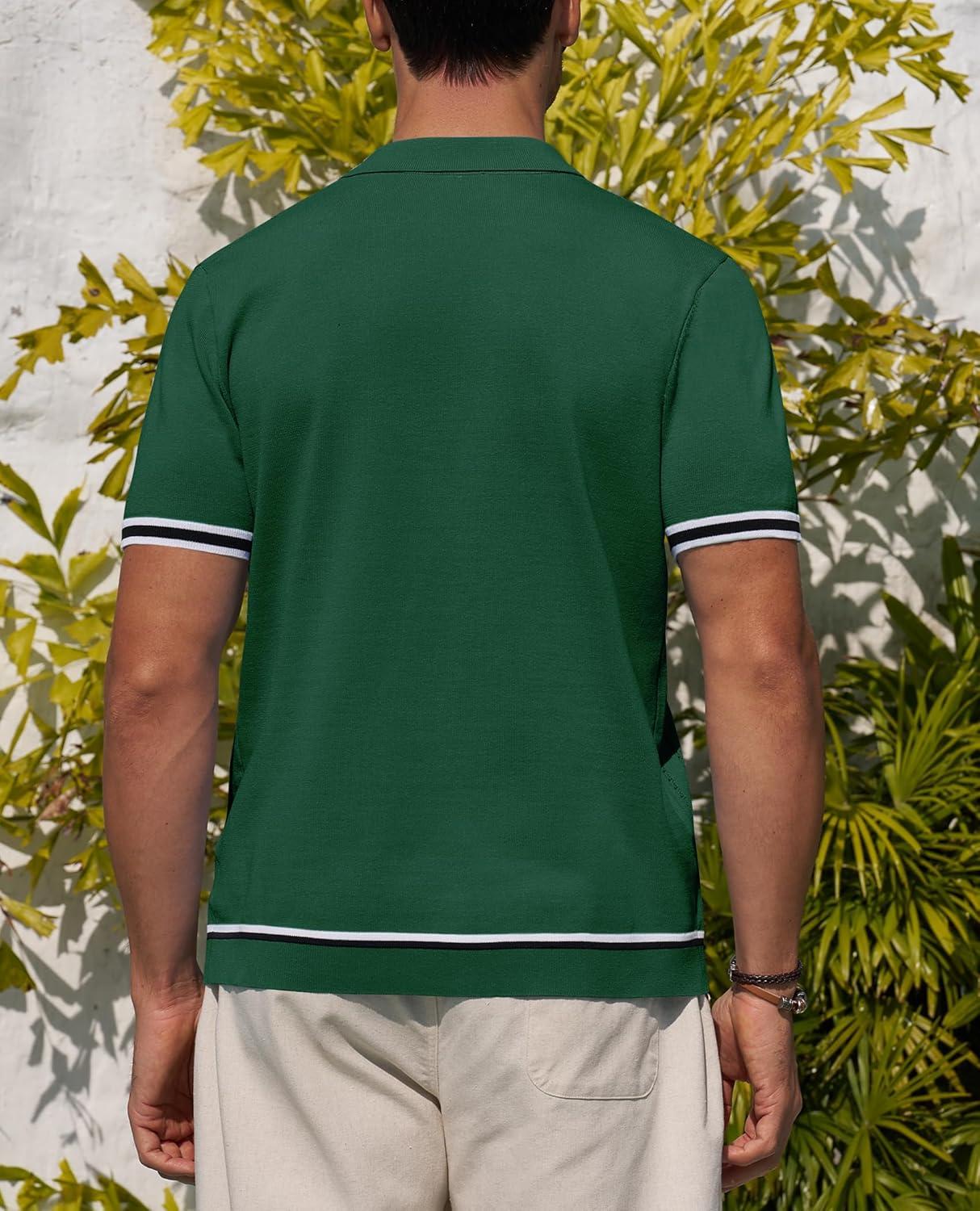 imageAlimens amp Gentle Mens Short Sleeve Button Down Shirts Knit Casual Shirts for Men Vintage Cuban Shirt Striped KnittedDark Green