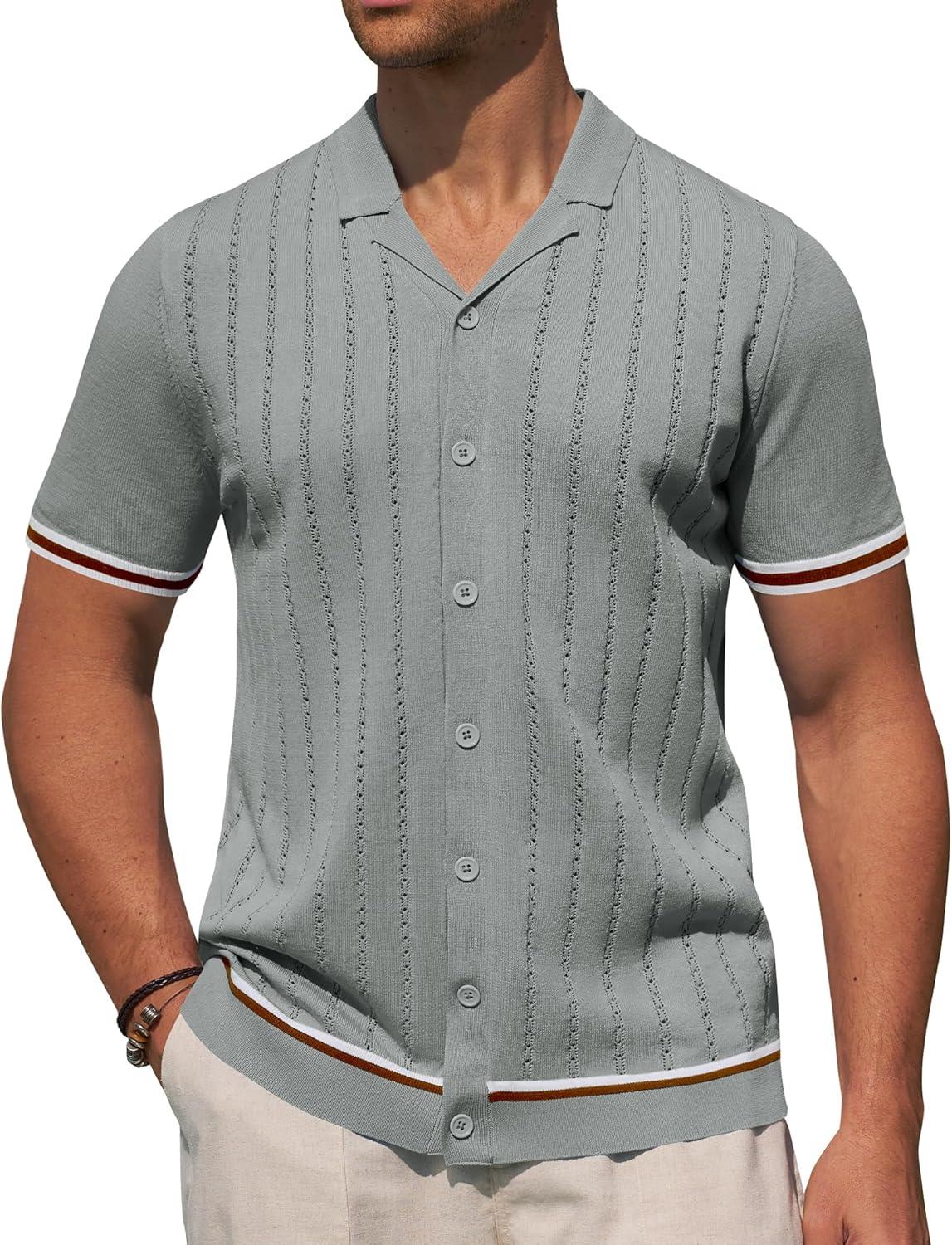 imageAlimens amp Gentle Mens Short Sleeve Button Down Shirts Knit Casual Shirts for Men Vintage Cuban Shirt Striped KnittedGrey