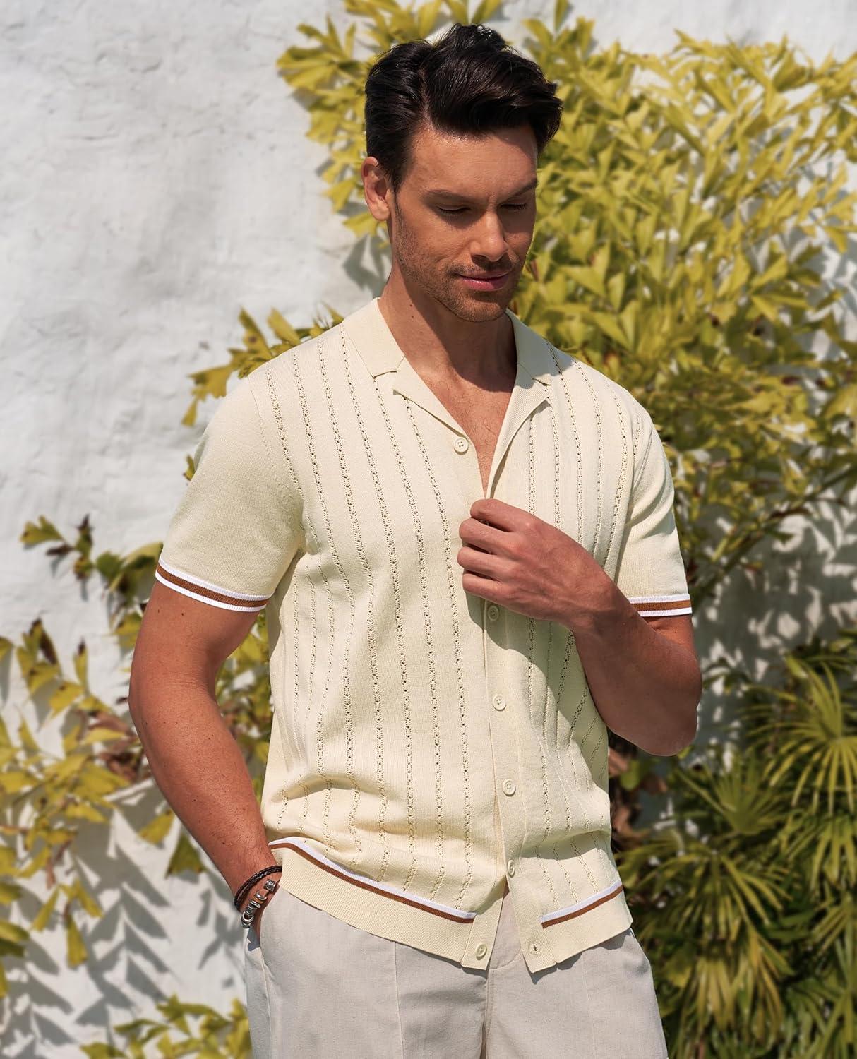 imageAlimens amp Gentle Mens Short Sleeve Button Down Shirts Knit Casual Shirts for Men Vintage Cuban Shirt Striped KnittedKhaki