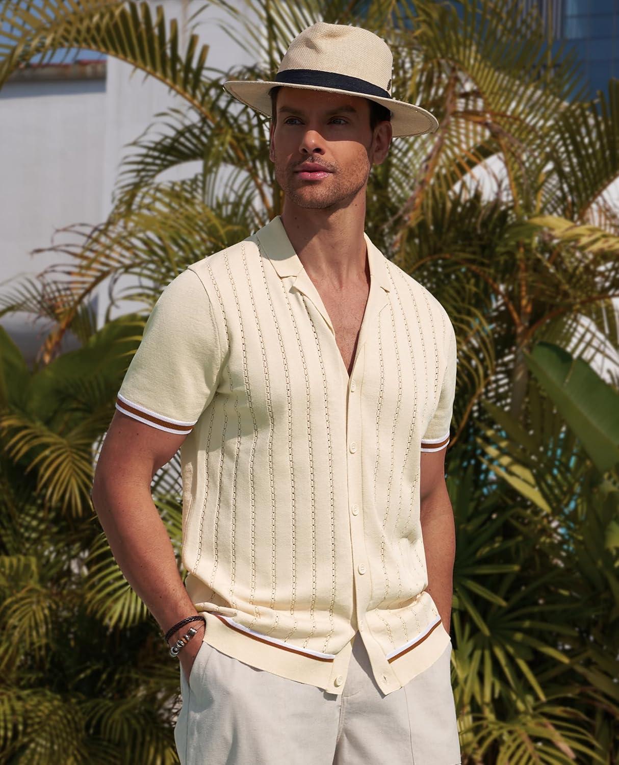 imageAlimens amp Gentle Mens Short Sleeve Button Down Shirts Knit Casual Shirts for Men Vintage Cuban Shirt Striped KnittedKhaki