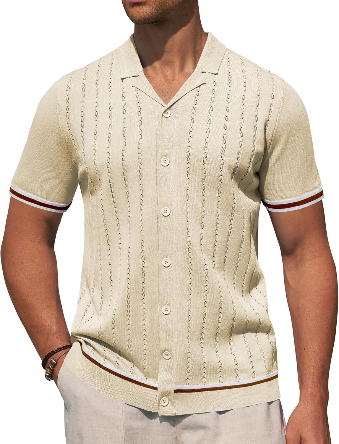 imageAlimens amp Gentle Mens Short Sleeve Button Down Shirts Knit Casual Shirts for Men Vintage Cuban Shirt Striped KnittedKhaki