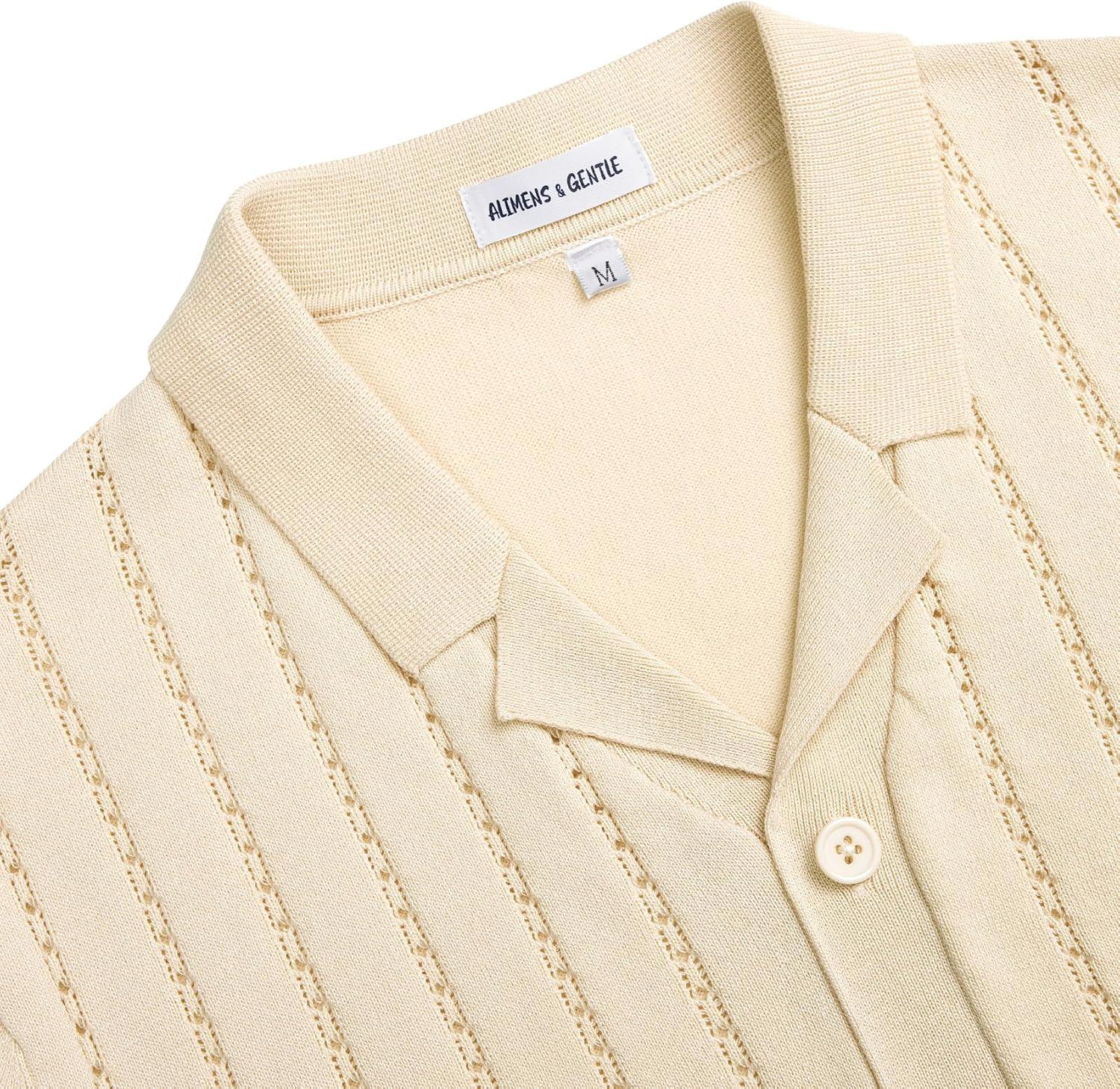 imageAlimens amp Gentle Mens Short Sleeve Button Down Shirts Knit Casual Shirts for Men Vintage Cuban Shirt Striped KnittedKhaki