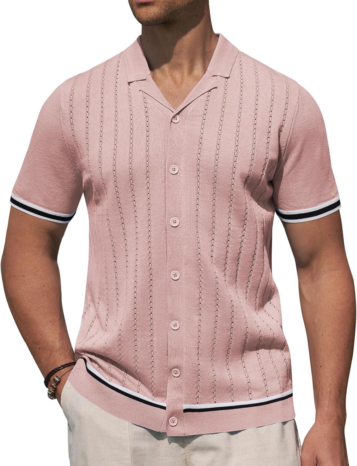 imageAlimens amp Gentle Mens Short Sleeve Button Down Shirts Knit Casual Shirts for Men Vintage Cuban Shirt Striped KnittedPink