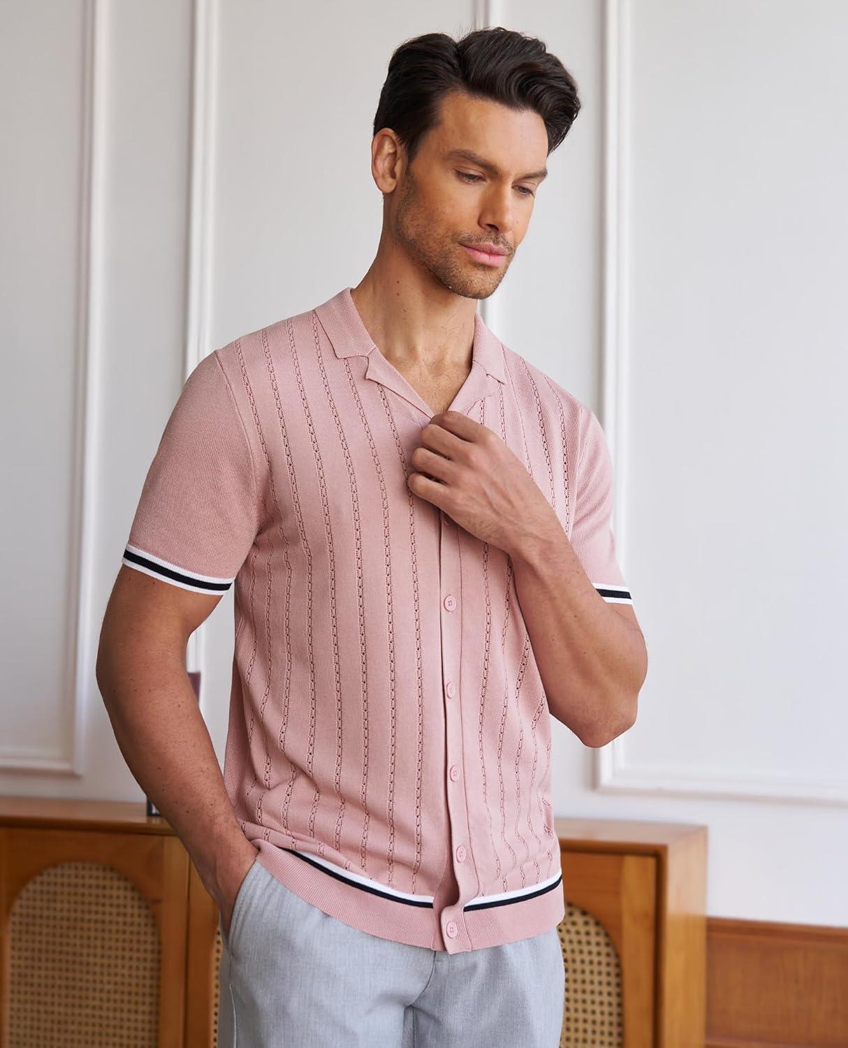 imageAlimens amp Gentle Mens Short Sleeve Button Down Shirts Knit Casual Shirts for Men Vintage Cuban Shirt Striped KnittedPink