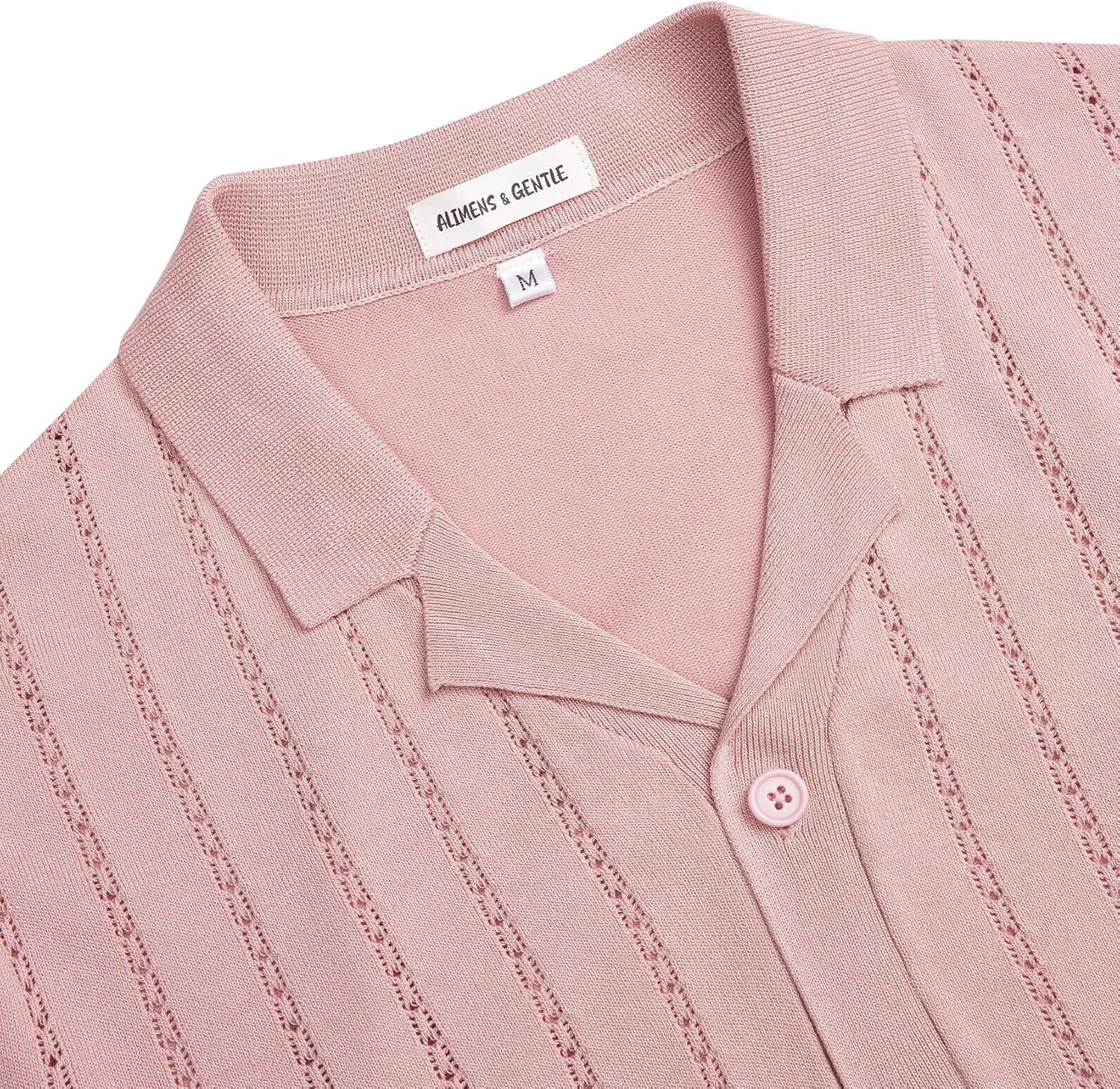 imageAlimens amp Gentle Mens Short Sleeve Button Down Shirts Knit Casual Shirts for Men Vintage Cuban Shirt Striped KnittedPink