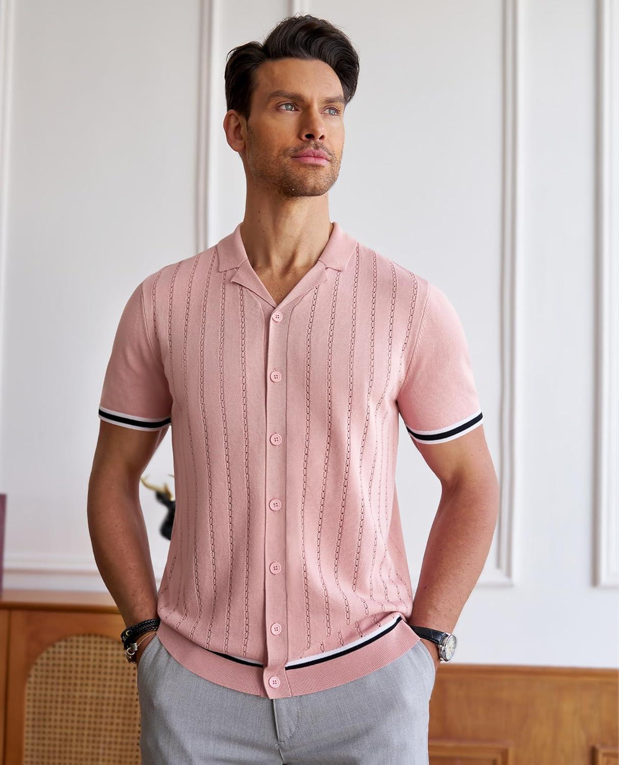 imageAlimens amp Gentle Mens Short Sleeve Button Down Shirts Knit Casual Shirts for Men Vintage Cuban Shirt Striped KnittedPink