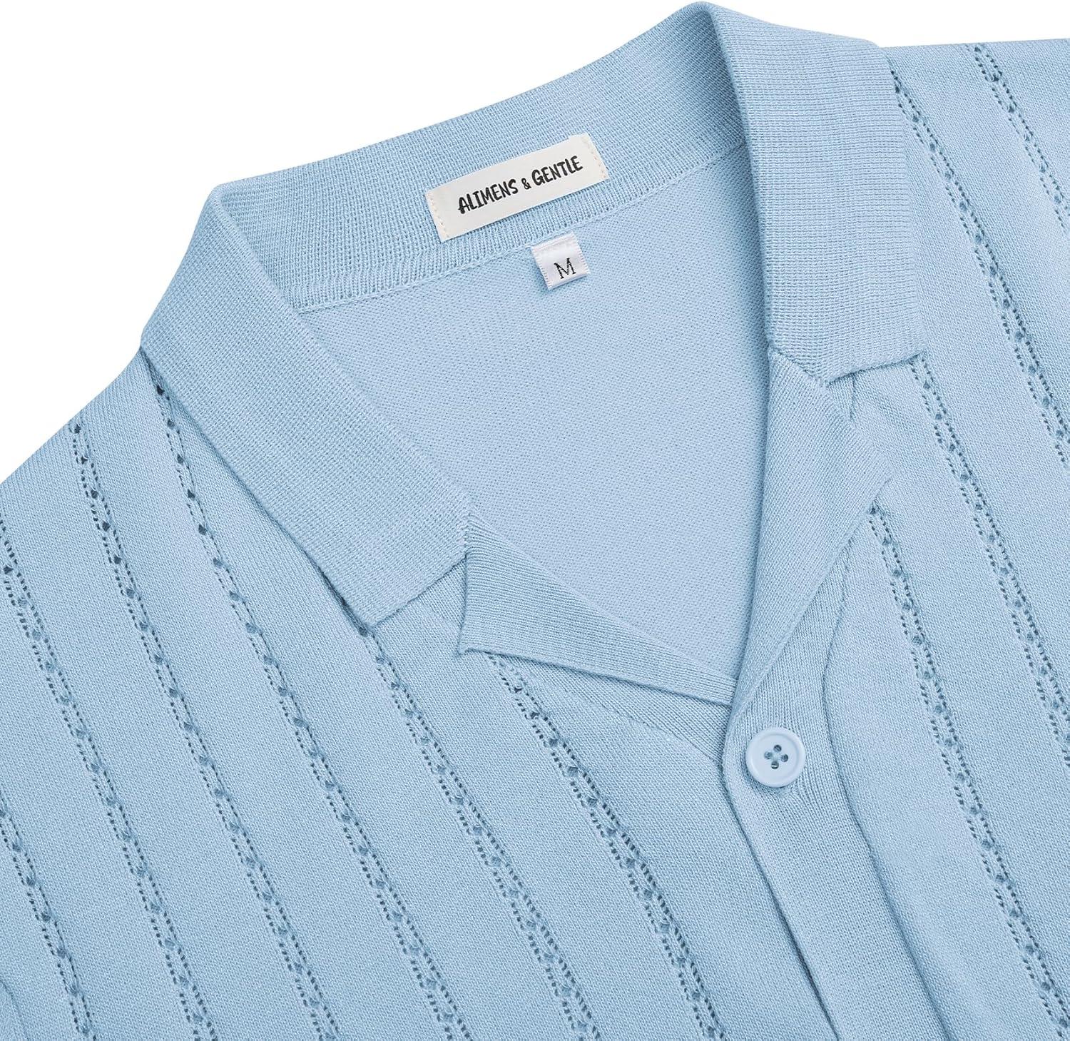 imageAlimens amp Gentle Mens Short Sleeve Button Down Shirts Knit Casual Shirts for Men Vintage Cuban Shirt Striped KnittedSky Blue