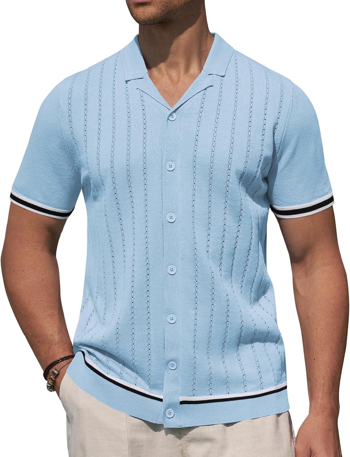 imageAlimens amp Gentle Mens Short Sleeve Button Down Shirts Knit Casual Shirts for Men Vintage Cuban Shirt Striped KnittedSky Blue