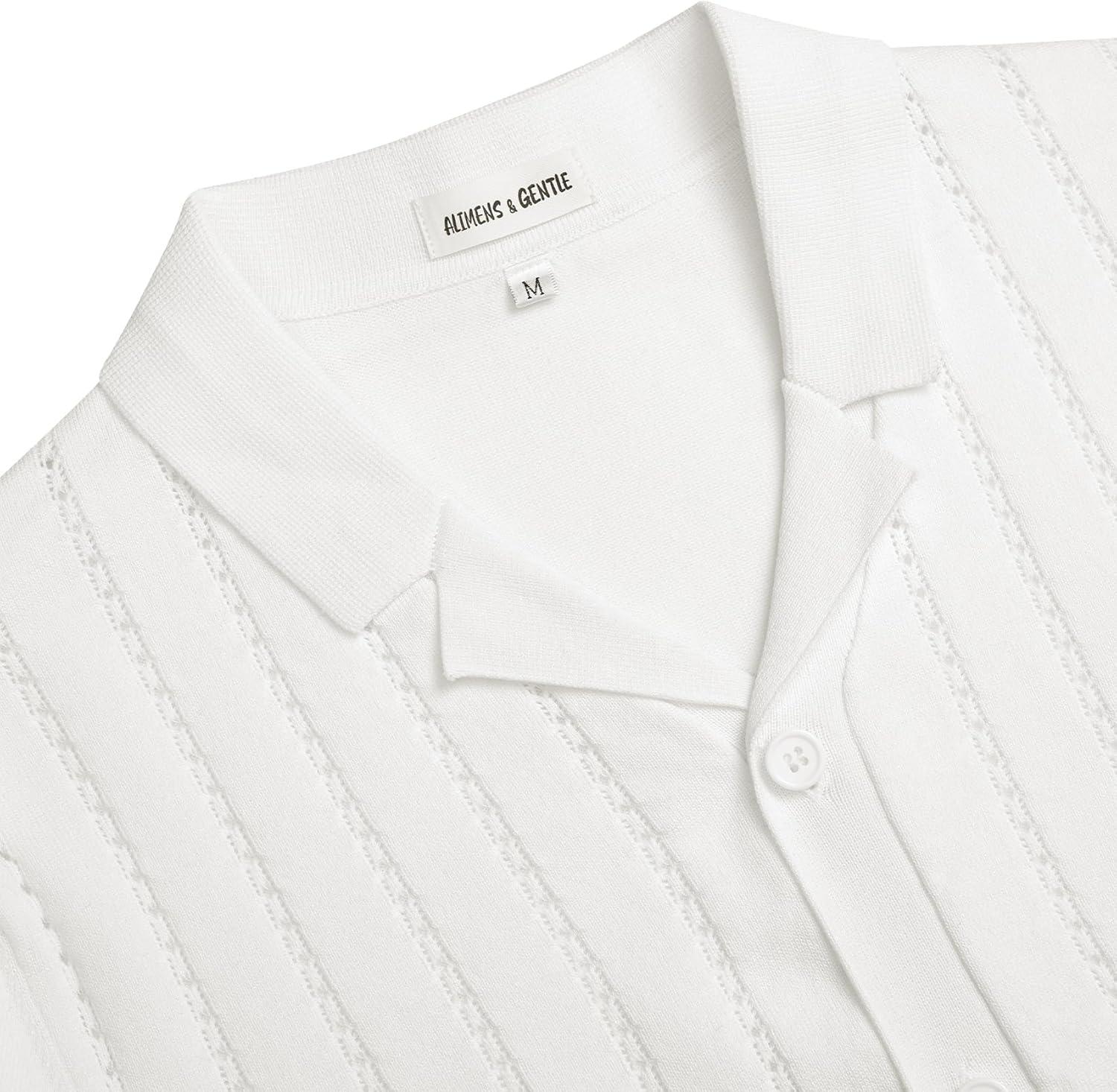 imageAlimens amp Gentle Mens Short Sleeve Button Down Shirts Knit Casual Shirts for Men Vintage Cuban Shirt Striped KnittedWhite
