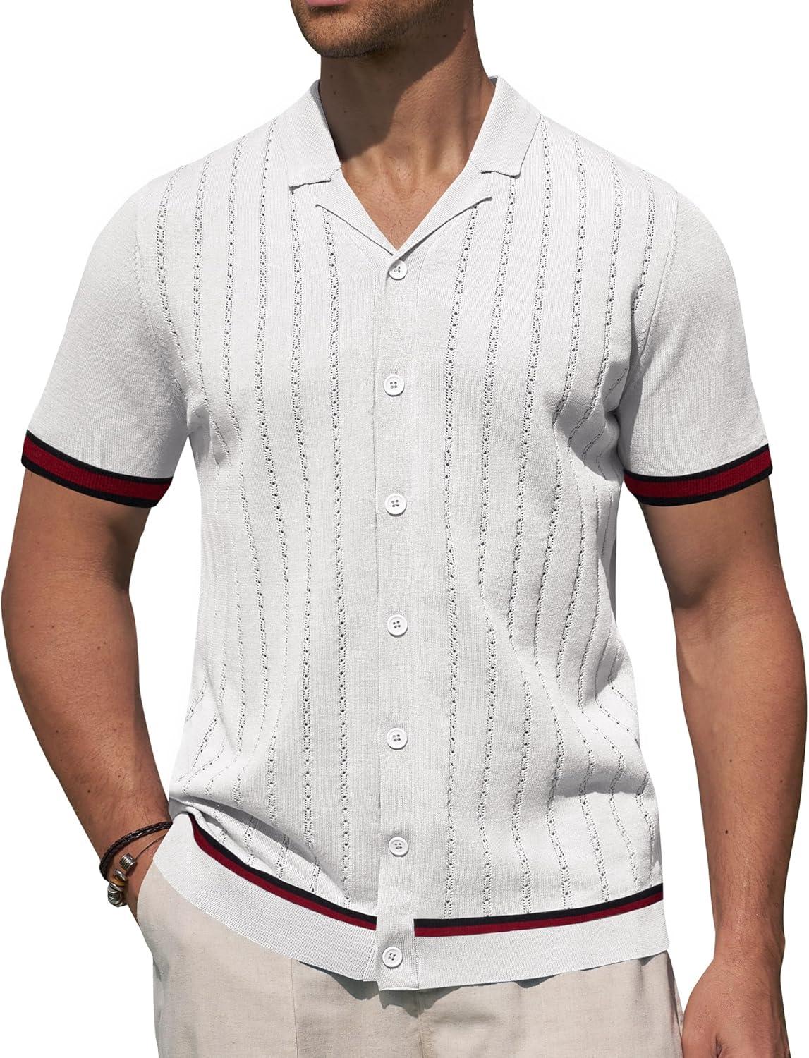 imageAlimens amp Gentle Mens Short Sleeve Button Down Shirts Knit Casual Shirts for Men Vintage Cuban Shirt Striped KnittedWhite