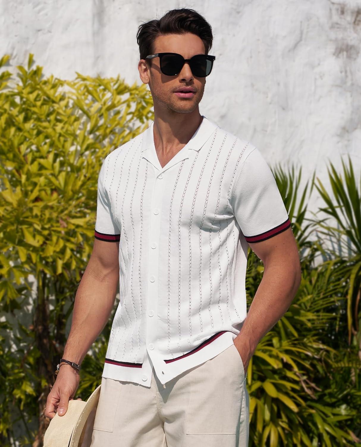 imageAlimens amp Gentle Mens Short Sleeve Button Down Shirts Knit Casual Shirts for Men Vintage Cuban Shirt Striped KnittedWhite