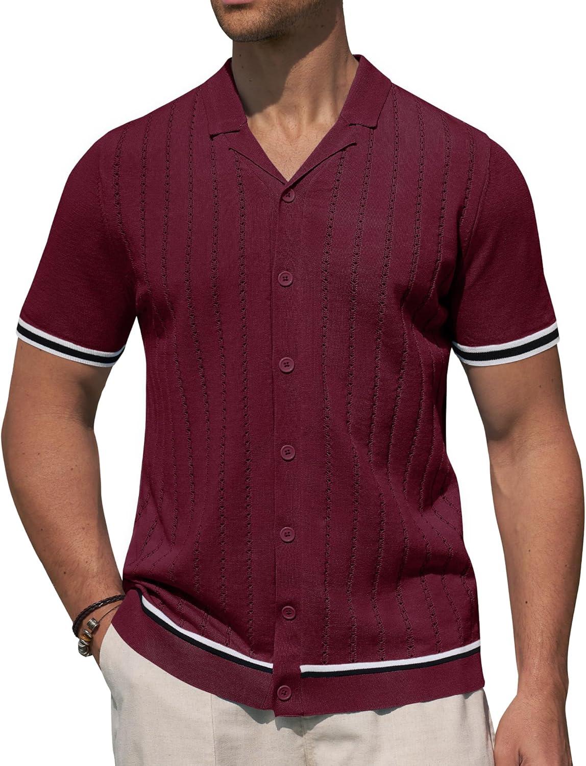 imageAlimens amp Gentle Mens Short Sleeve Button Down Shirts Knit Casual Shirts for Men Vintage Cuban Shirt Striped KnittedWine Red