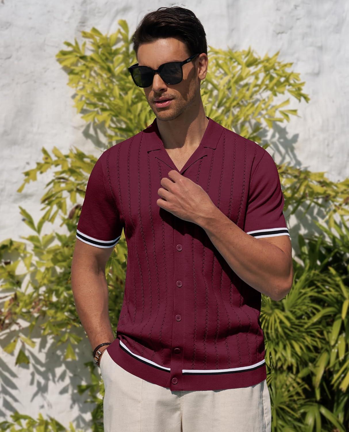 imageAlimens amp Gentle Mens Short Sleeve Button Down Shirts Knit Casual Shirts for Men Vintage Cuban Shirt Striped KnittedWine Red