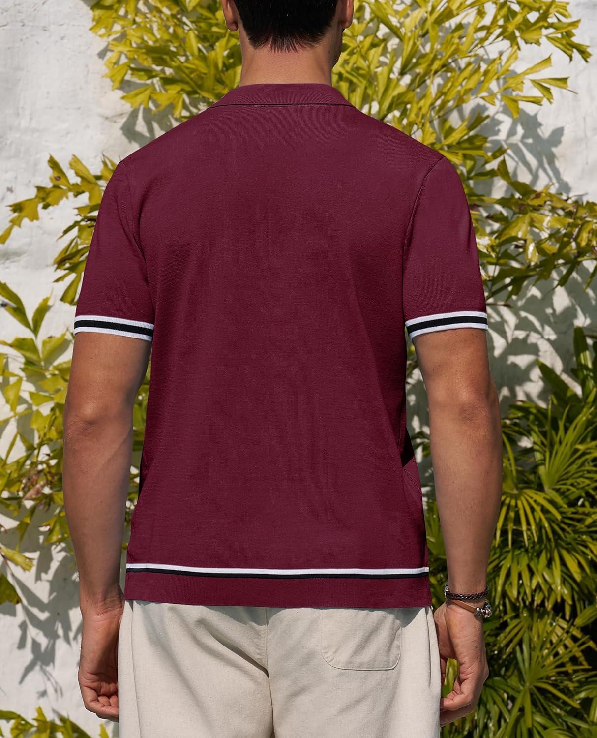 imageAlimens amp Gentle Mens Short Sleeve Button Down Shirts Knit Casual Shirts for Men Vintage Cuban Shirt Striped KnittedWine Red
