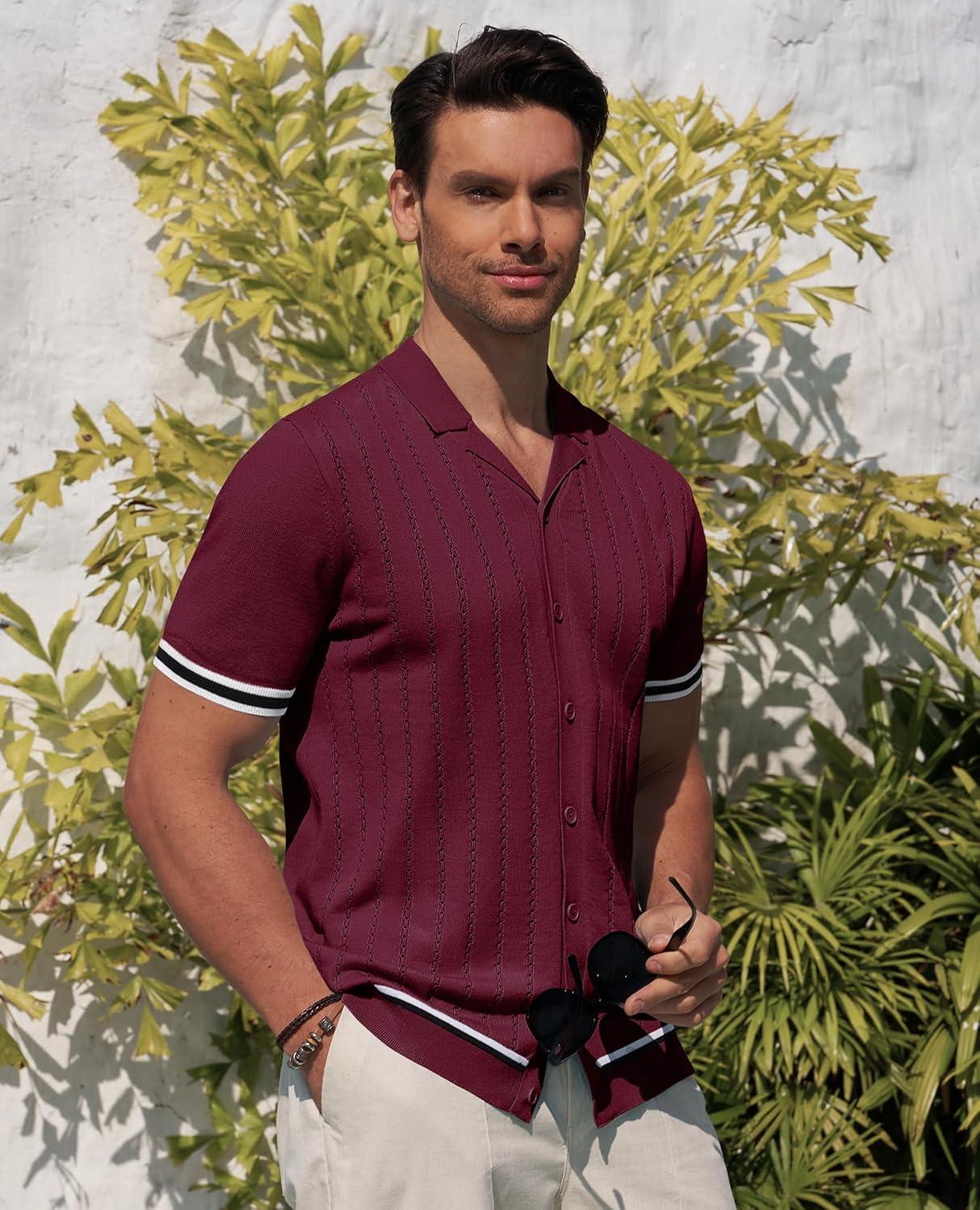 imageAlimens amp Gentle Mens Short Sleeve Button Down Shirts Knit Casual Shirts for Men Vintage Cuban Shirt Striped KnittedWine Red
