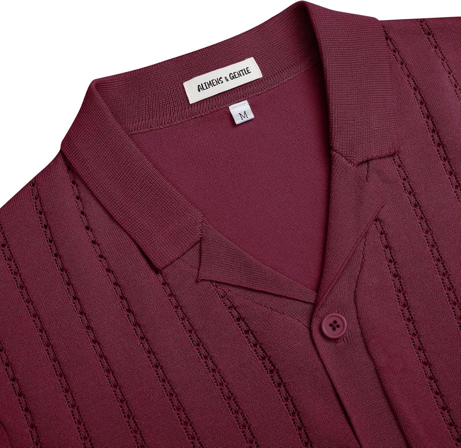 imageAlimens amp Gentle Mens Short Sleeve Button Down Shirts Knit Casual Shirts for Men Vintage Cuban Shirt Striped KnittedWine Red