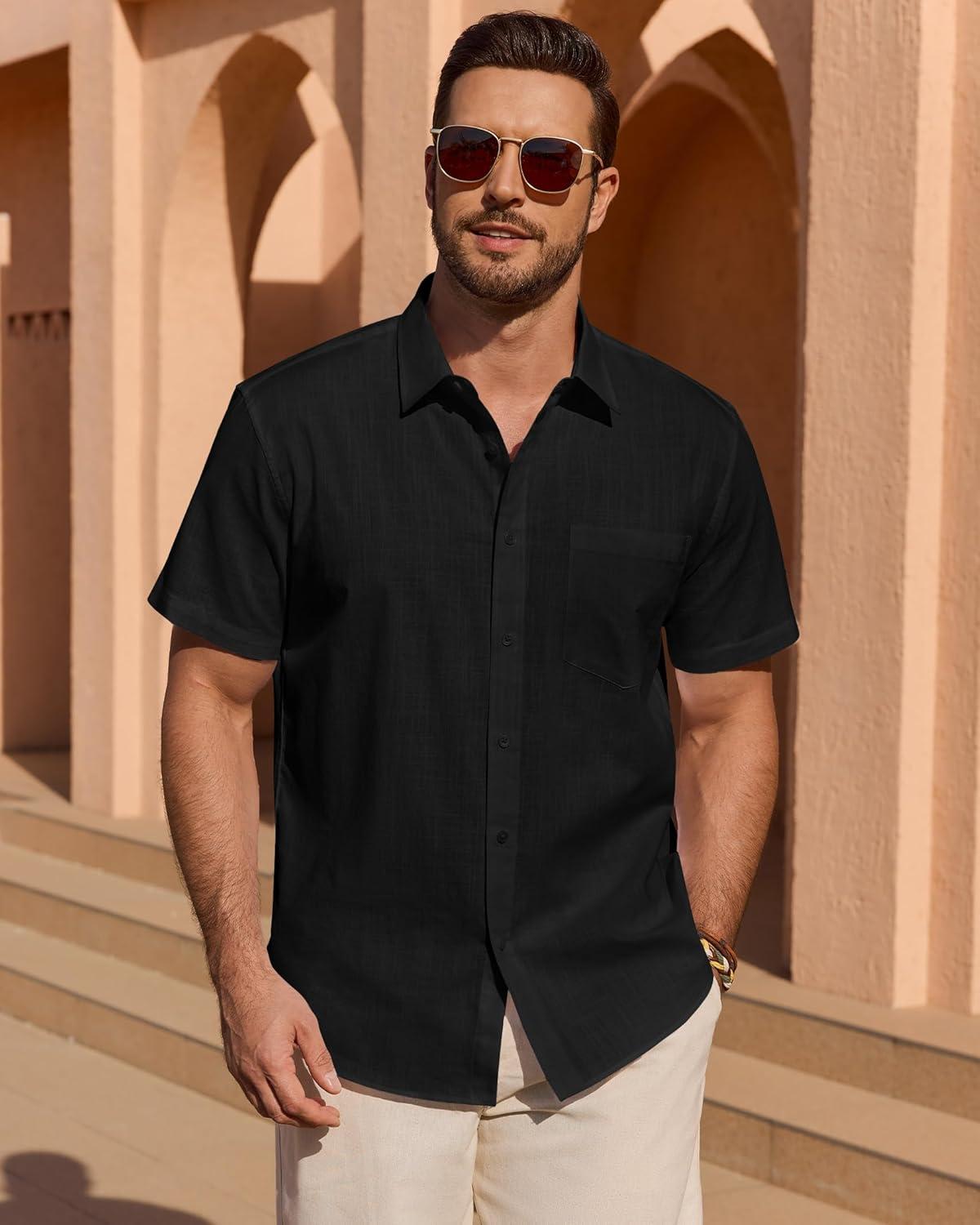 imageAlimens amp Gentle Mens Short Sleeve Cotton Linen Texture Shirt Casual Untucked Button Down Lightweight Shirts Summer BeachBlack